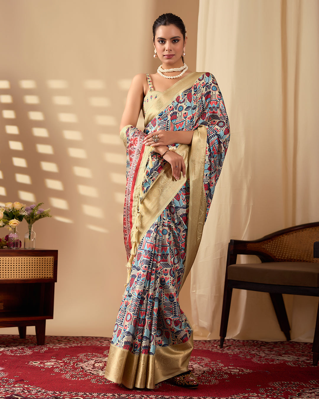 Exquisite Soft Lichi Silk Saree enriched with artistic multicolor digital weaving and a grand golden zari border