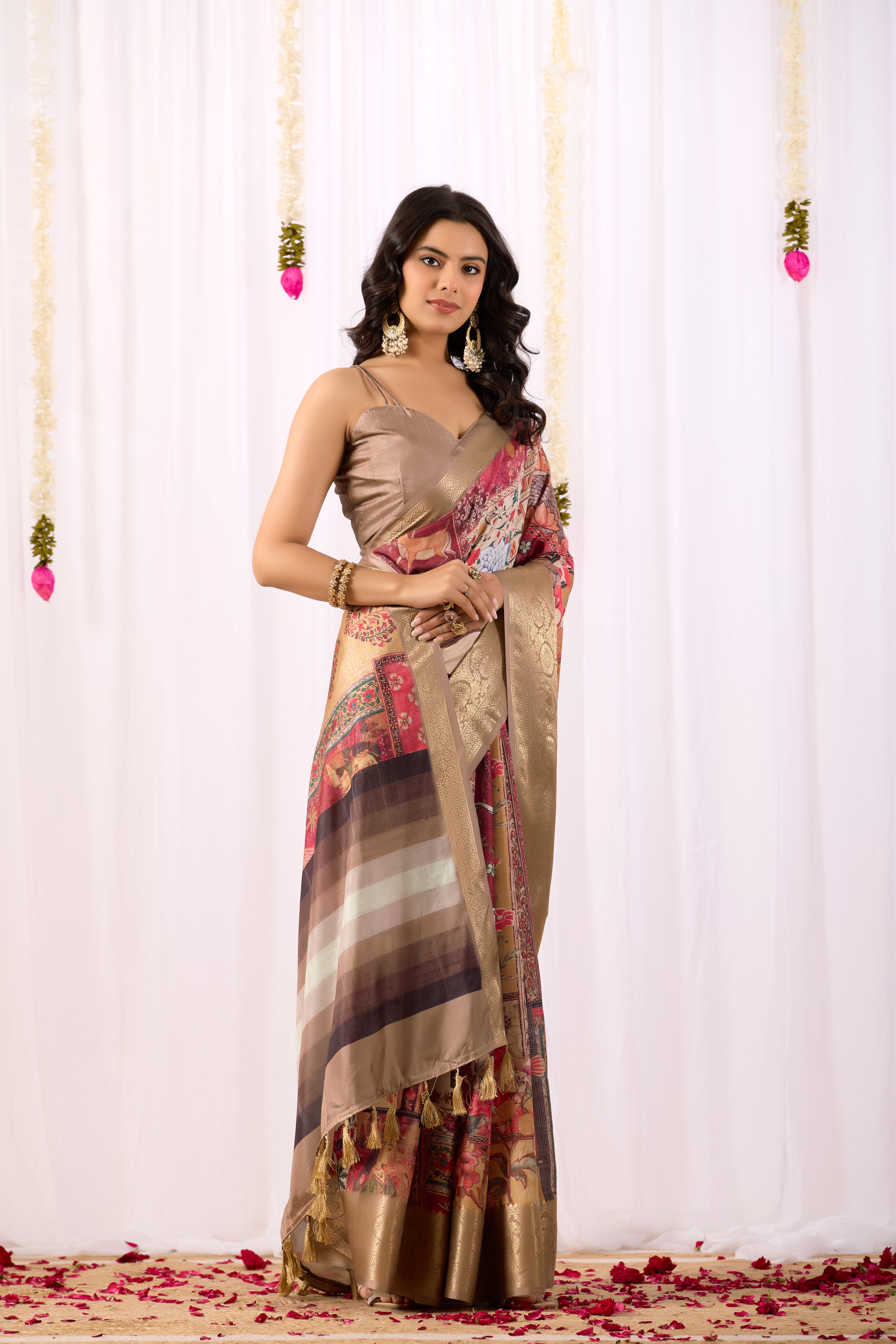 Soft Lichi Silk Saree featuring an Elegant Tribal Art Print with a Luxurious Rich Zari Border