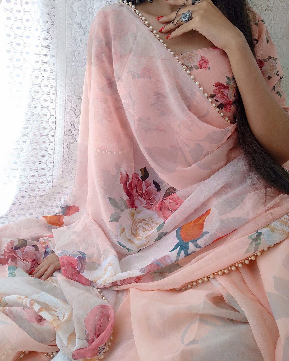 Georgette Printed with pearl lace border Saree