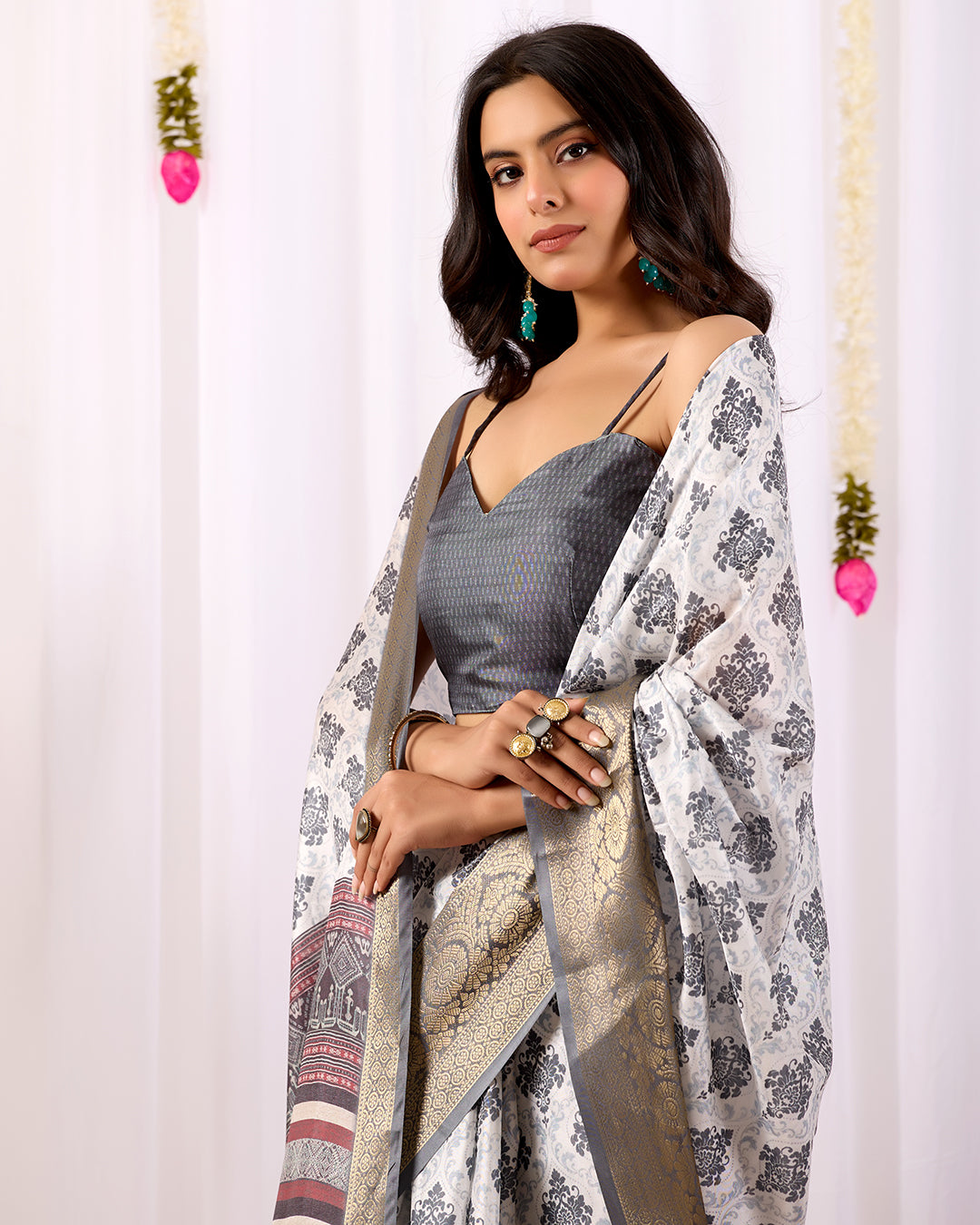 Premium Soft Lichi Silk Saree in Elegant White Base featuring intricate black ethnic motifs