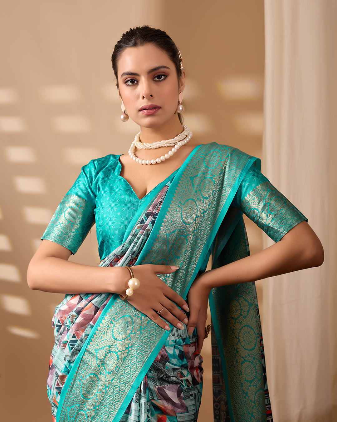 Premium Soft Lichi Silk Saree in Elegant Sea Green Shade, adorned with Artistic Abstract