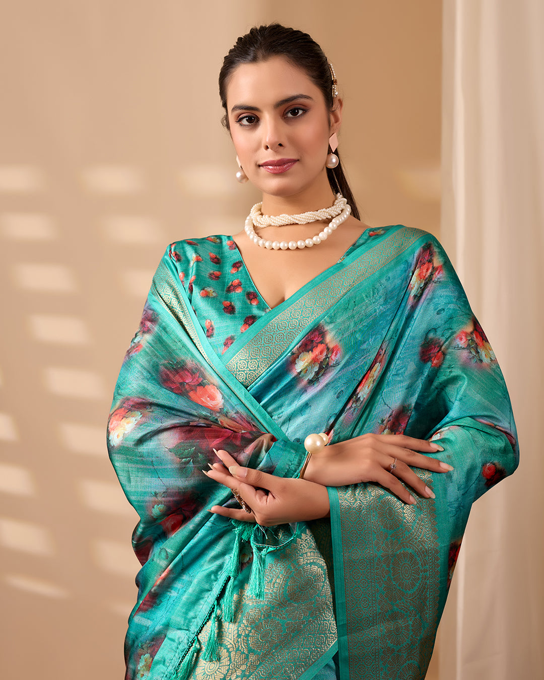 Elegant Soft Lichi Silk Saree adorned with digital floral patterns and a rich golden zari border