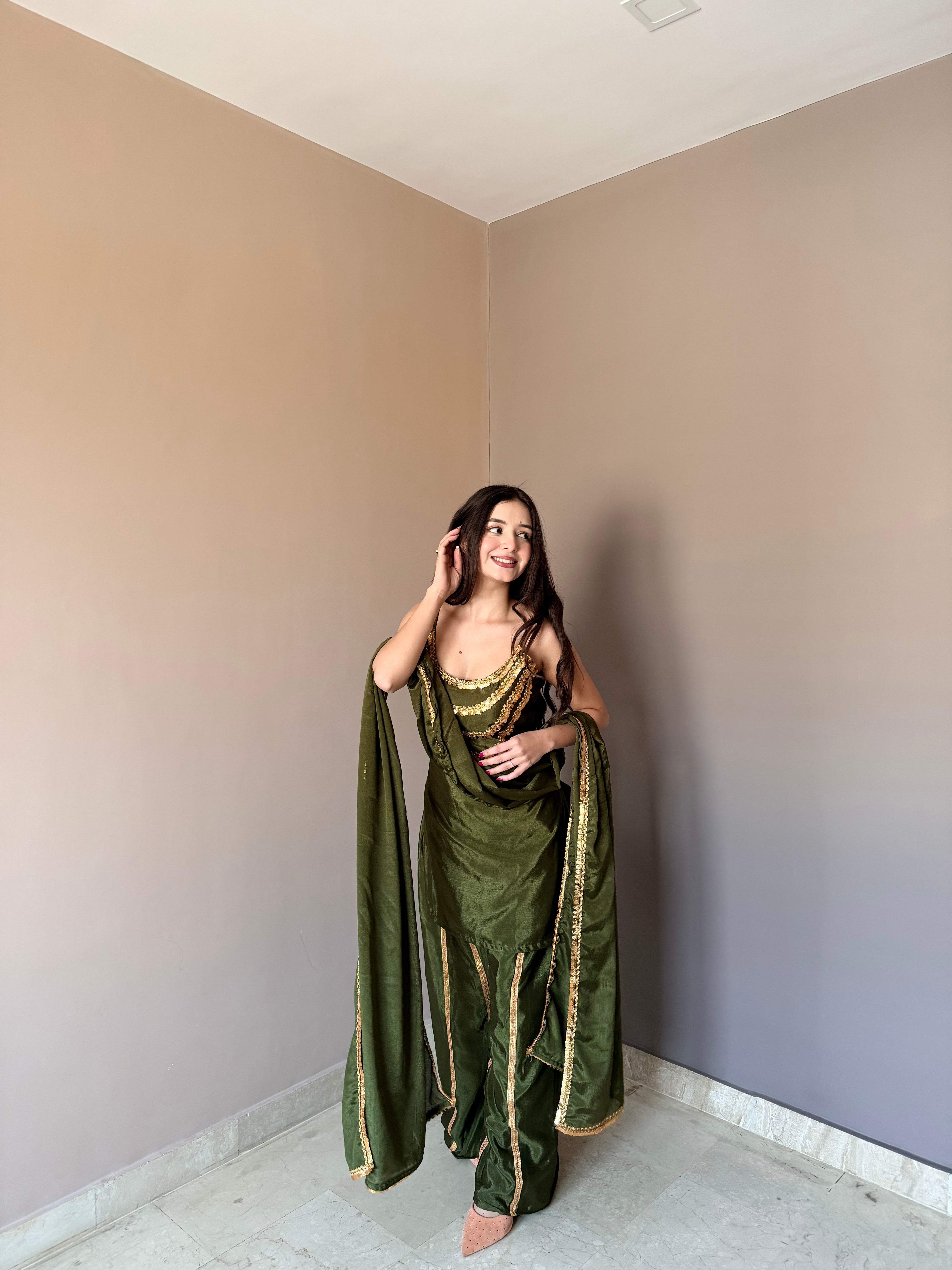 Elegant Embellished Kurta Palazzo Set with Matching Dupatta