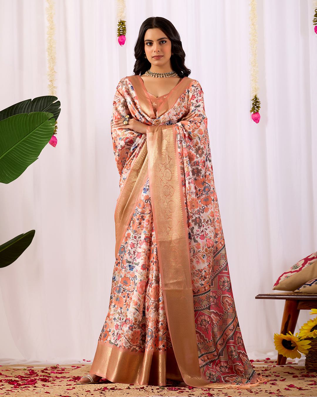 Premium Soft Lichi Silk Saree adorned with intricate floral digital weaving and luxurious golden zari border