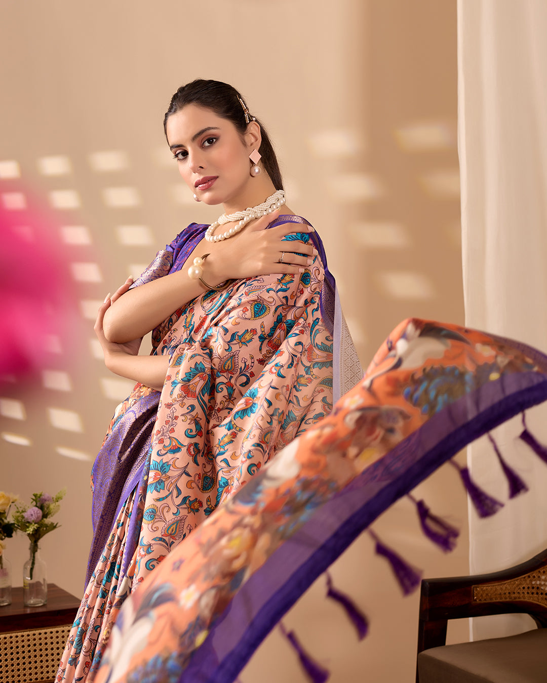 Elegant Soft Lichi Silk Saree featuring exquisite digital ethnic motifs and a royal purple golden zari border