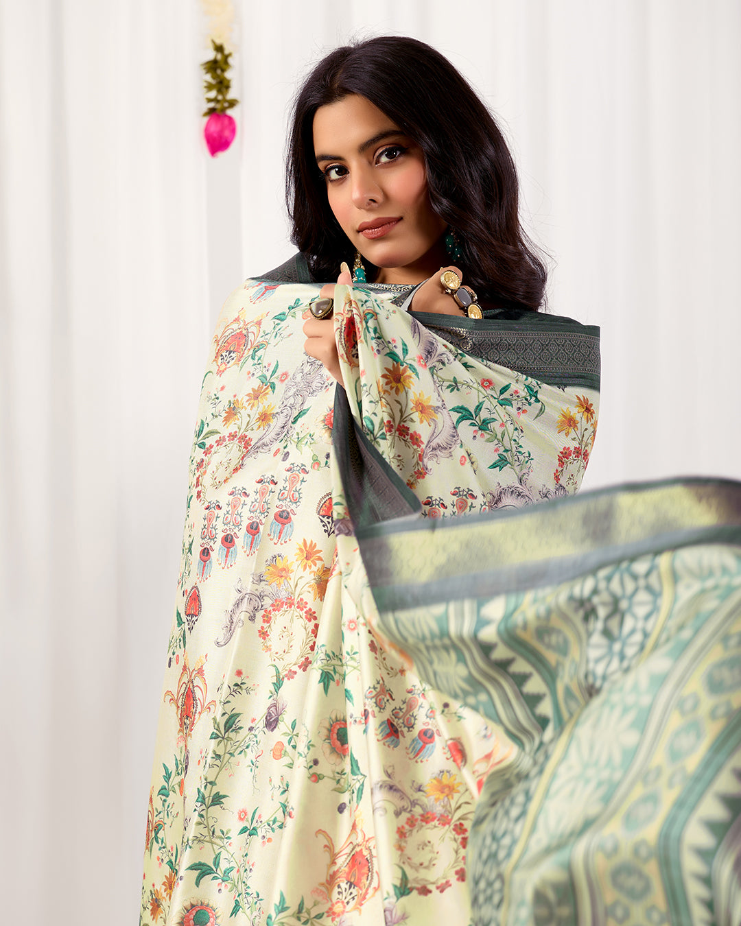 Premium Soft Lichi Silk Saree adorned with vibrant digital floral prints, complemented by a rich
