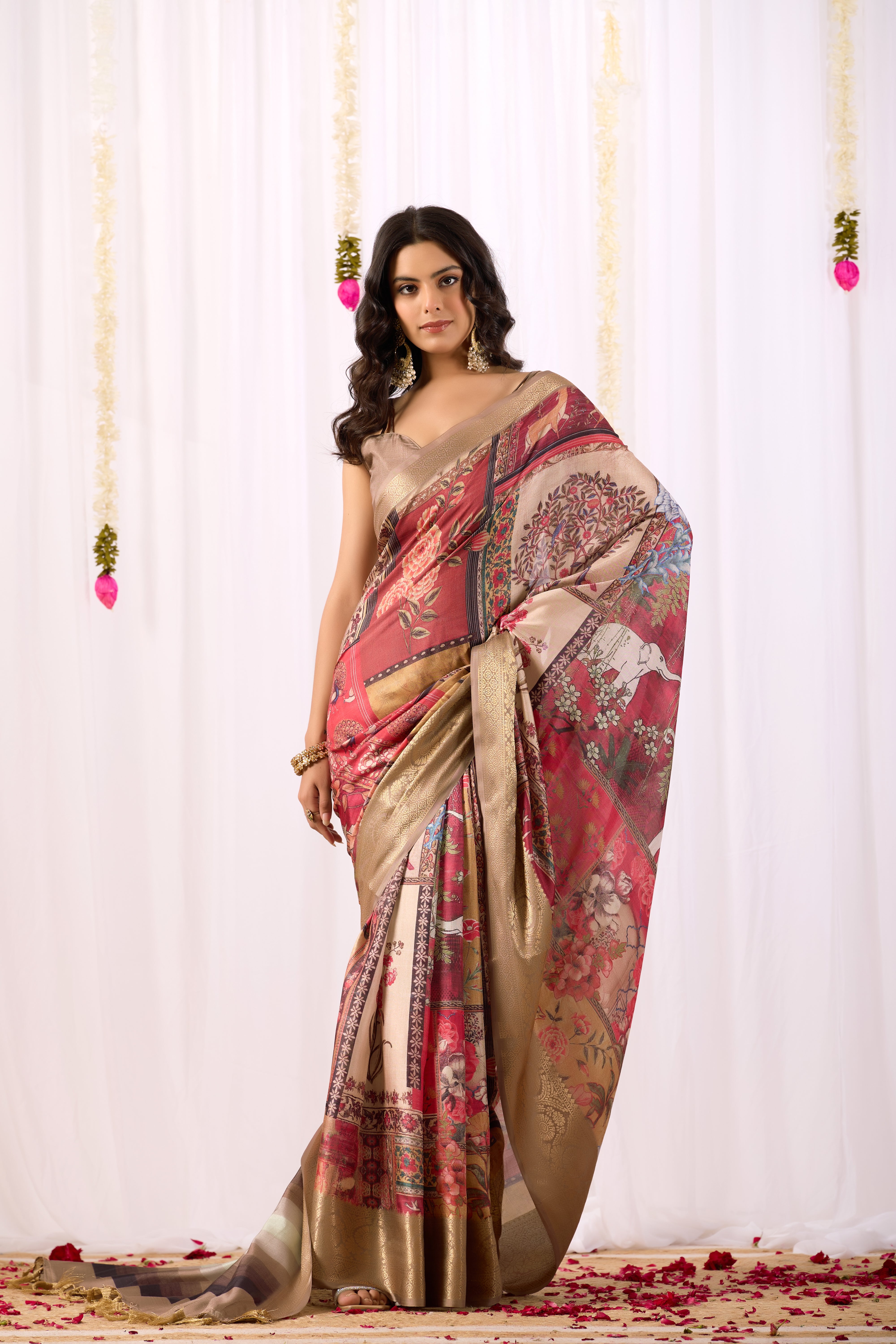 Soft Lichi Silk Saree featuring an Elegant Tribal Art Print with a Luxurious Rich Zari Border