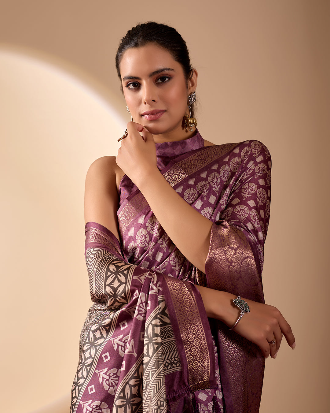 Regal Soft Lichi Silk Saree adorned with intricate digital ethnic weaving motifs and a luxurious golden zari border