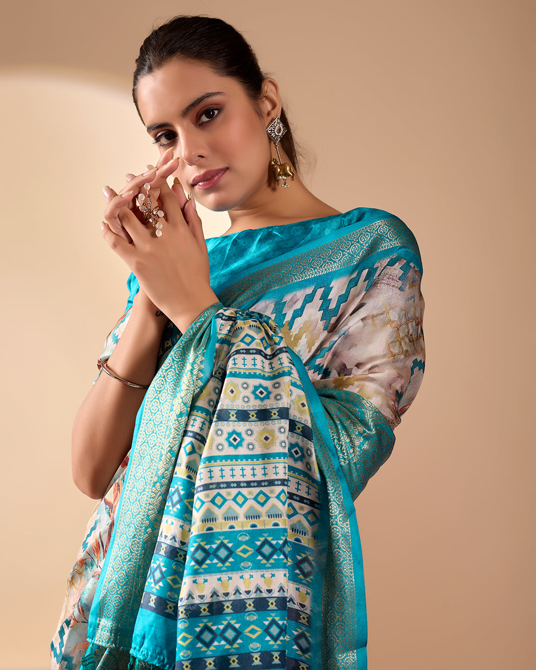 Soft Lichi Silk Saree featuring an Exquisite Combination of Modern Digital Print and Rich Traditional Zari Woven Border
