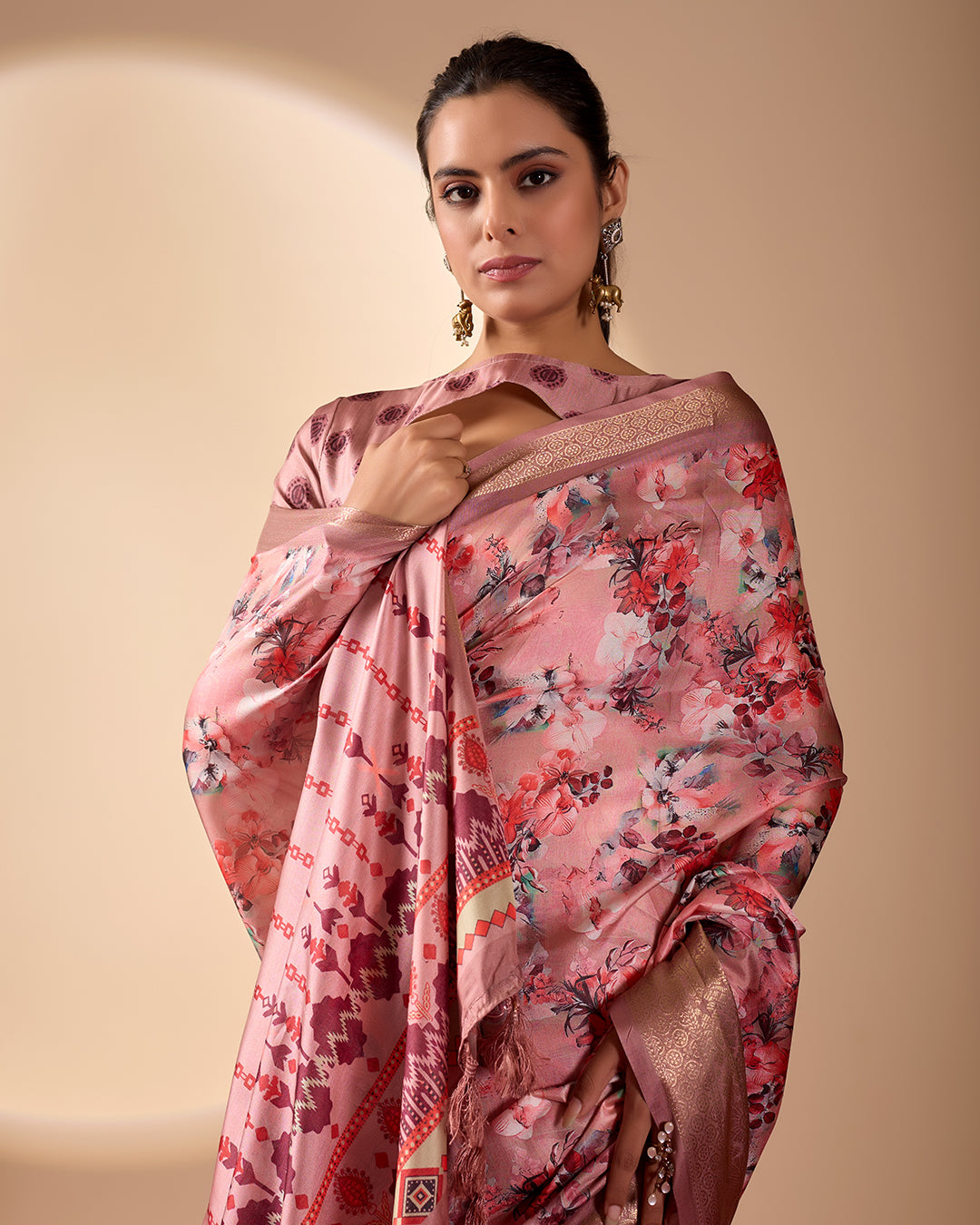 Gorgeous Soft Lichi Silk Saree with enchanting digital floral prints and a rich golden zari border