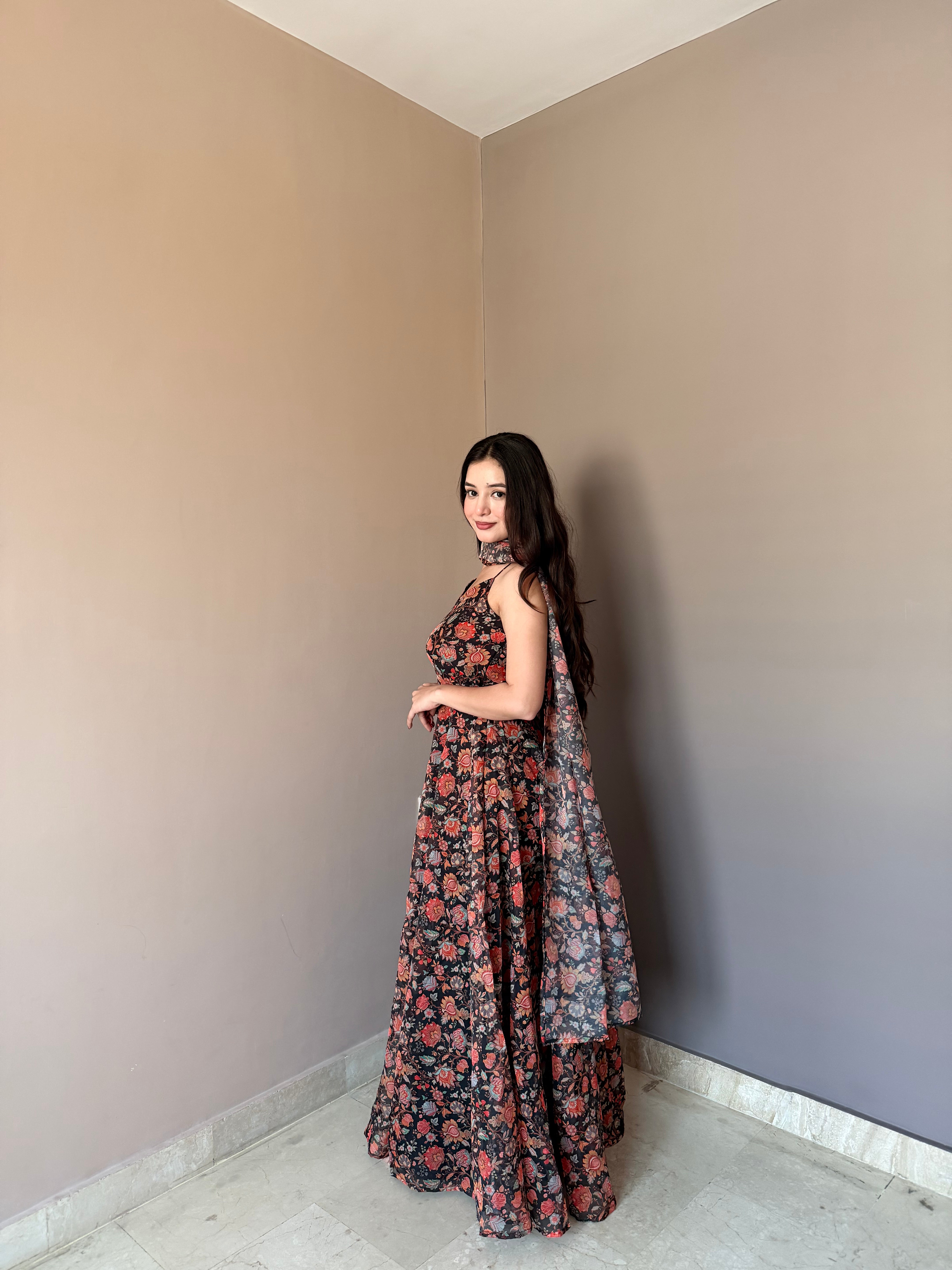 Premium Floral Printed Organza Gown Set with Matching Dupatta