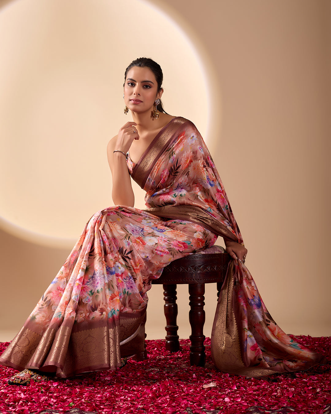 Elegant Soft Lichi Silk Saree featuring mesmerizing digital floral patterns and a rich golden zari border