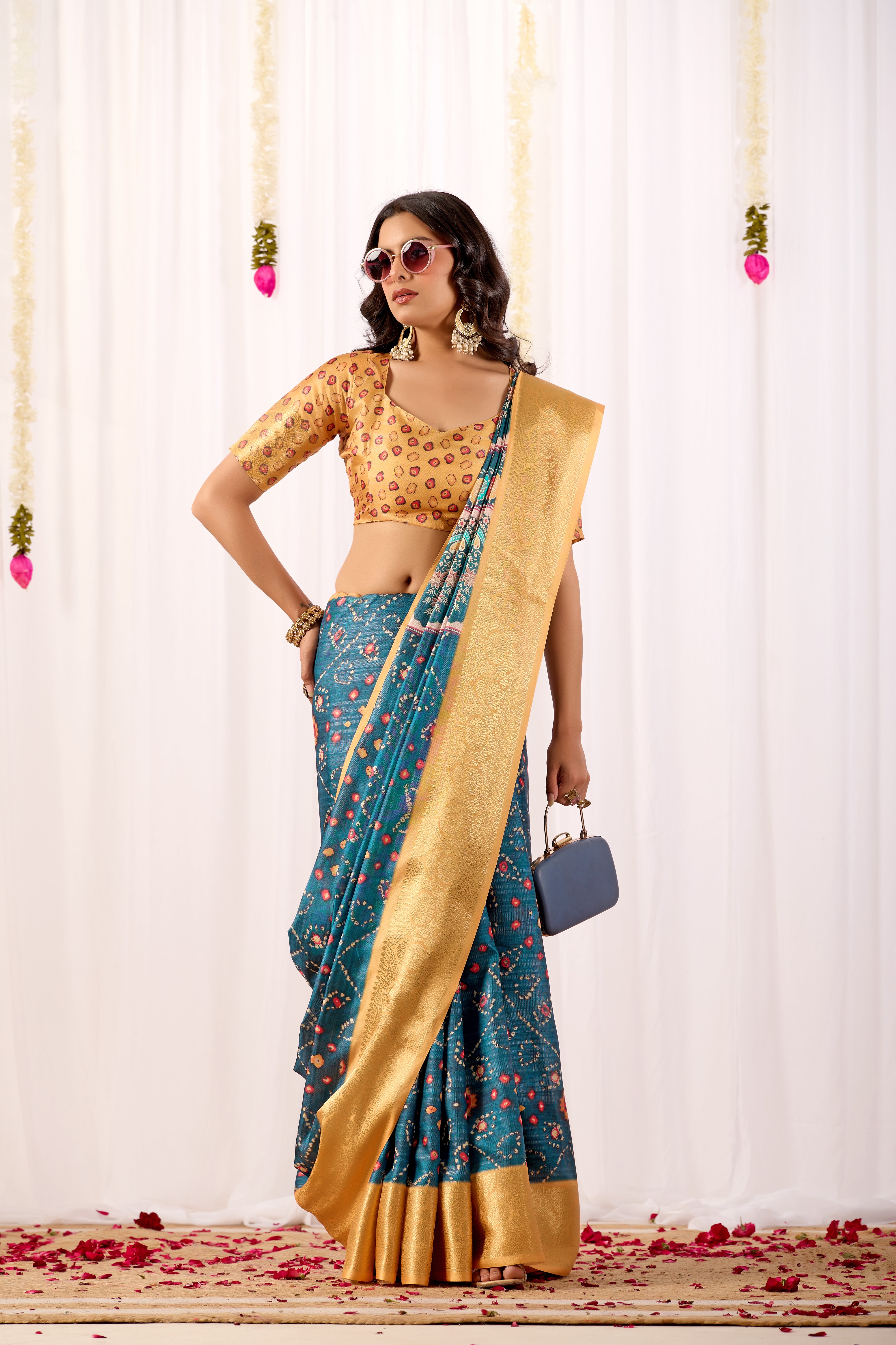 Soft Lichi Silk Saree featuring an Elegant Tribal Art Print complemented by a Luxurious Rich Zari Border