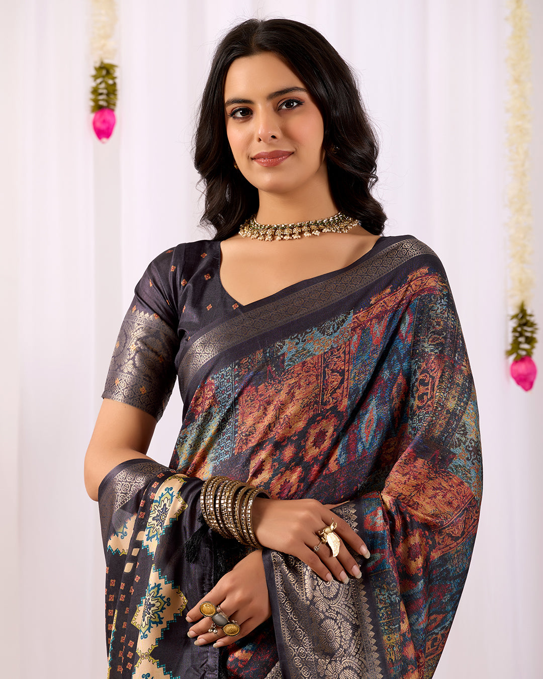 Elegant Soft Lichi Silk Saree with mesmerizing digital ethnic patterns
