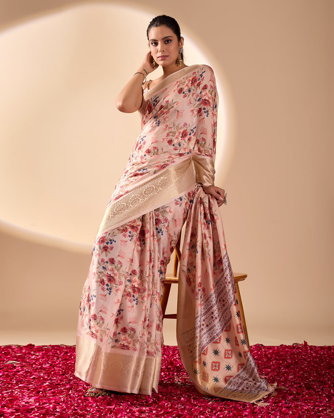 Premium Soft Lichi Silk Saree featuring enchanting floral digital weaving with a rich golden zari border
