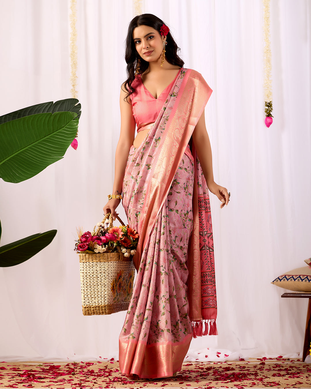 Premium Soft Lichi Silk Saree with a delicate floral print and a rich zari woven border