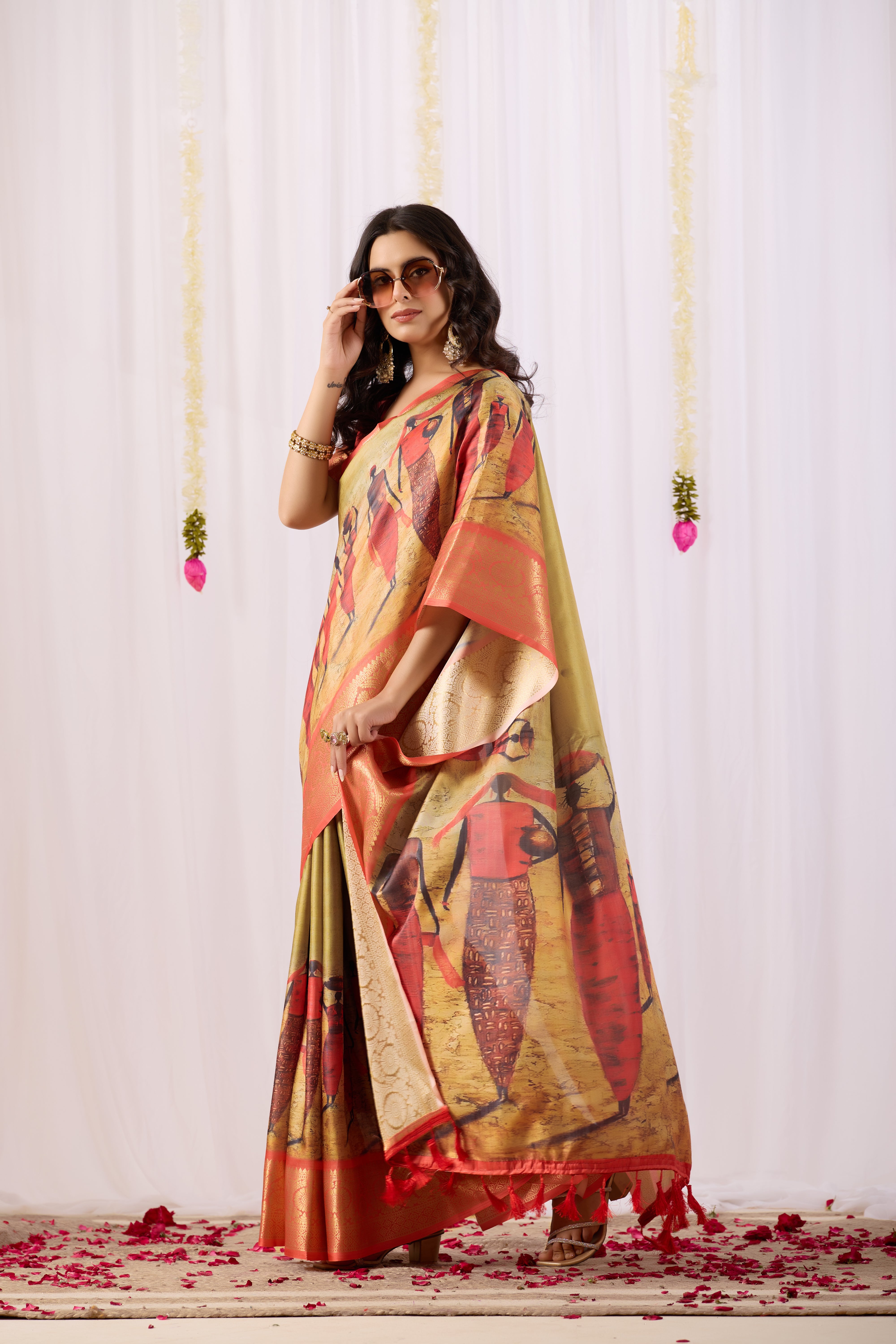 Soft Lichi Silk Saree with Elegant Tribal Art Print and Rich Zari Border