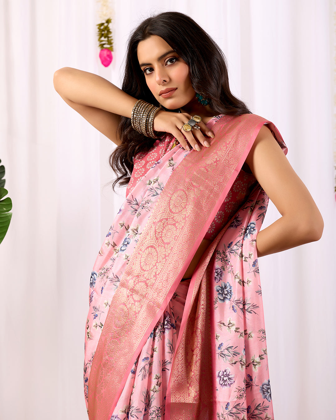 Soft Lichi Silk Saree in Blush Pink Tone, adorned with delicate all-over floral digital prints and complemented by a rich woven zari border