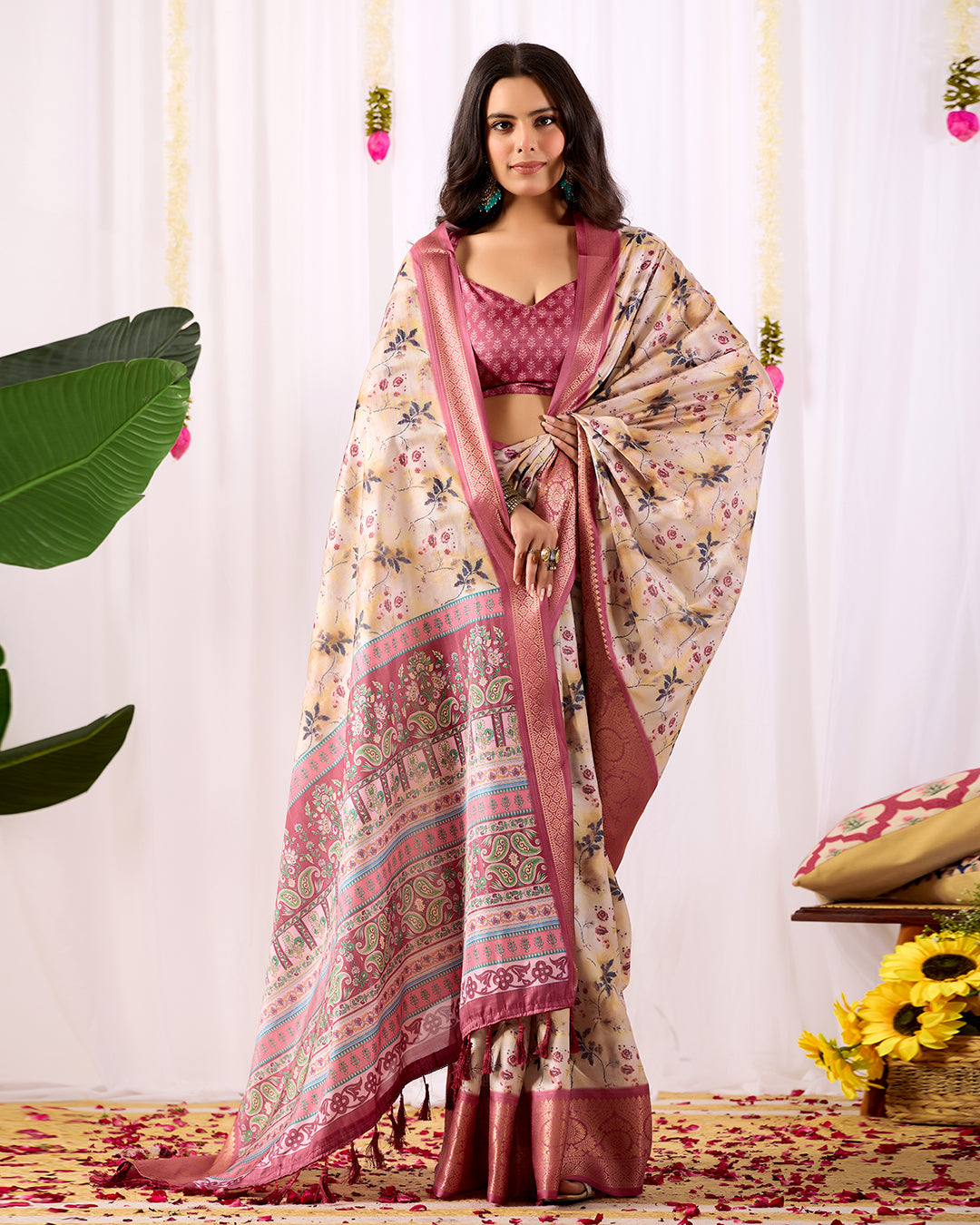 Premium Soft Lichi Silk Saree featuring mesmerizing floral digital prints beautifully enhanced with an elegant contrast zari woven border