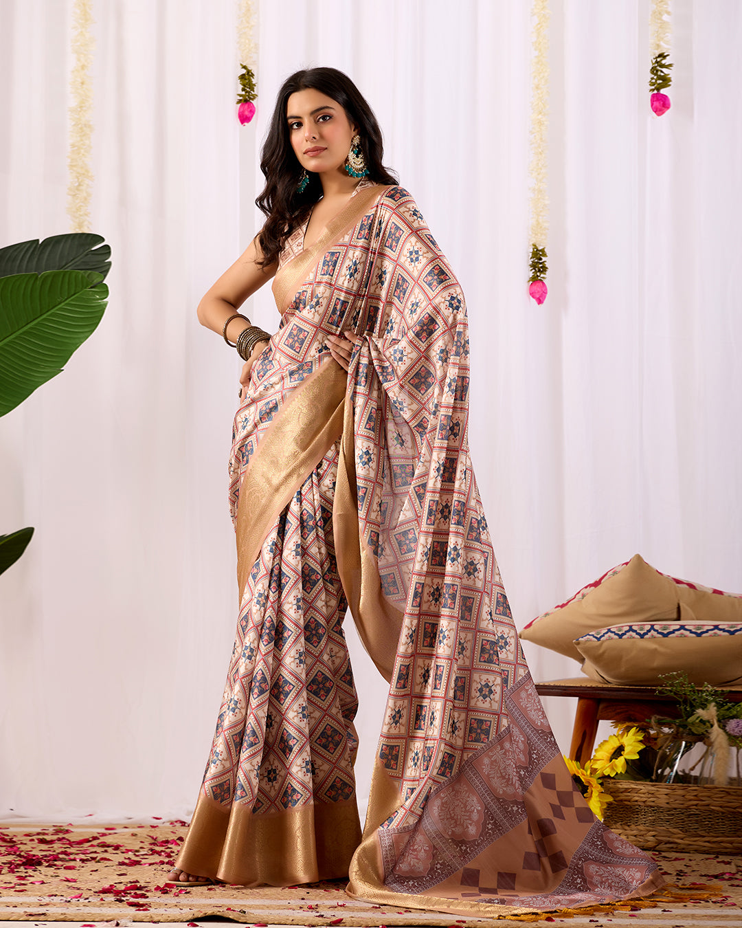 Premium Soft Lichi Silk Saree featuring elegant traditional geometric patterns, beautifully enhanced with a luxurious golden zari woven border
