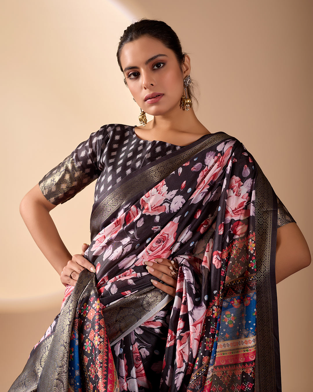 Premium Soft Lichi Silk Saree in Rich Black Tone, adorned with Artistic Floral Prints and a Vibrant Traditional Multicolor Pallu