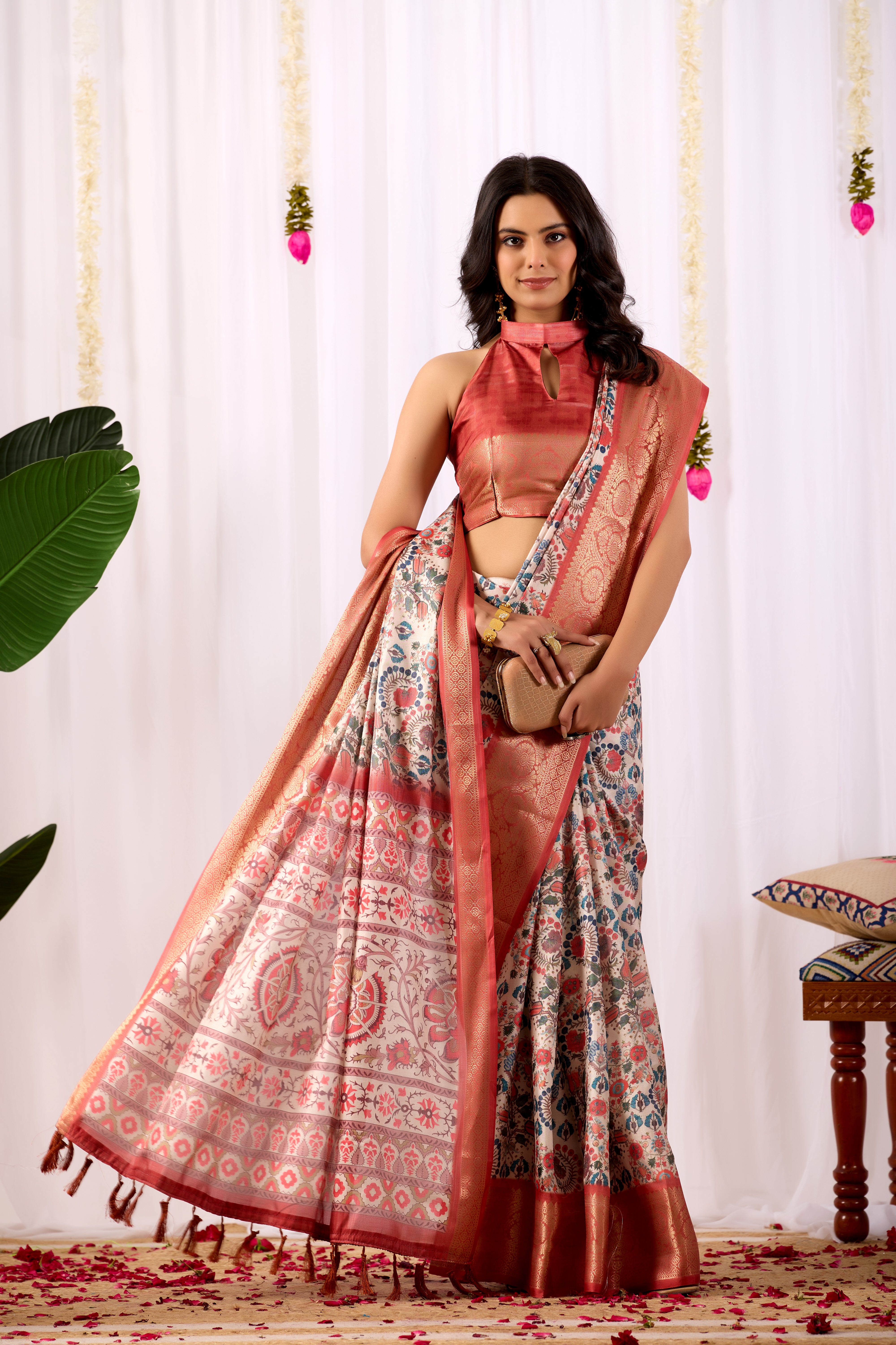 Premium Soft Lichi Silk Saree with elegant Patola-inspired geometric prints beautifully crafted with a luxurious zari woven border