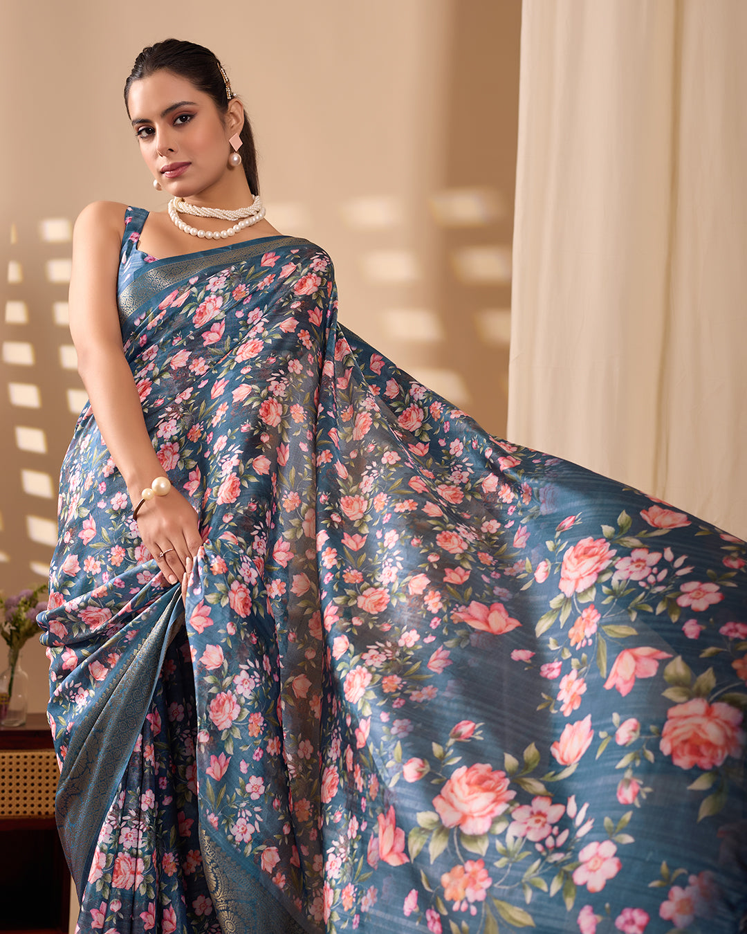 Gorgeous Soft Lichi Silk Saree in Deep Teal Blue, adorned with Romantic Rose Floral Digital Prints