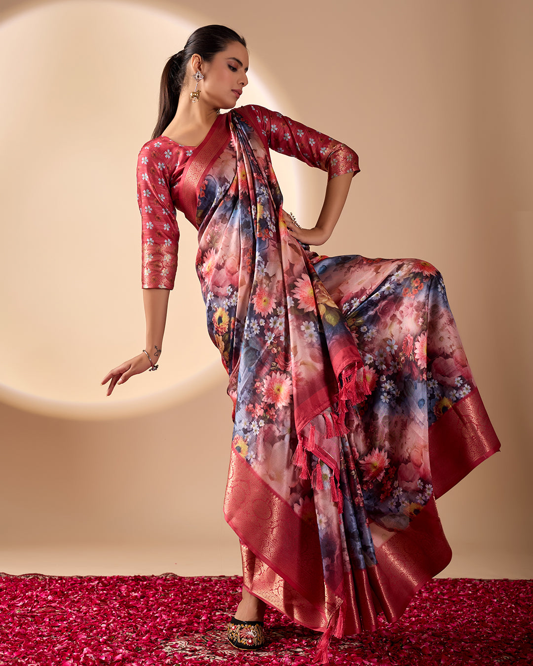 Luxurious Soft Lichi Silk Saree in Deep Wine Rose Shade featuring enchanting floral digital prints and complemented by a rich woven zari border
