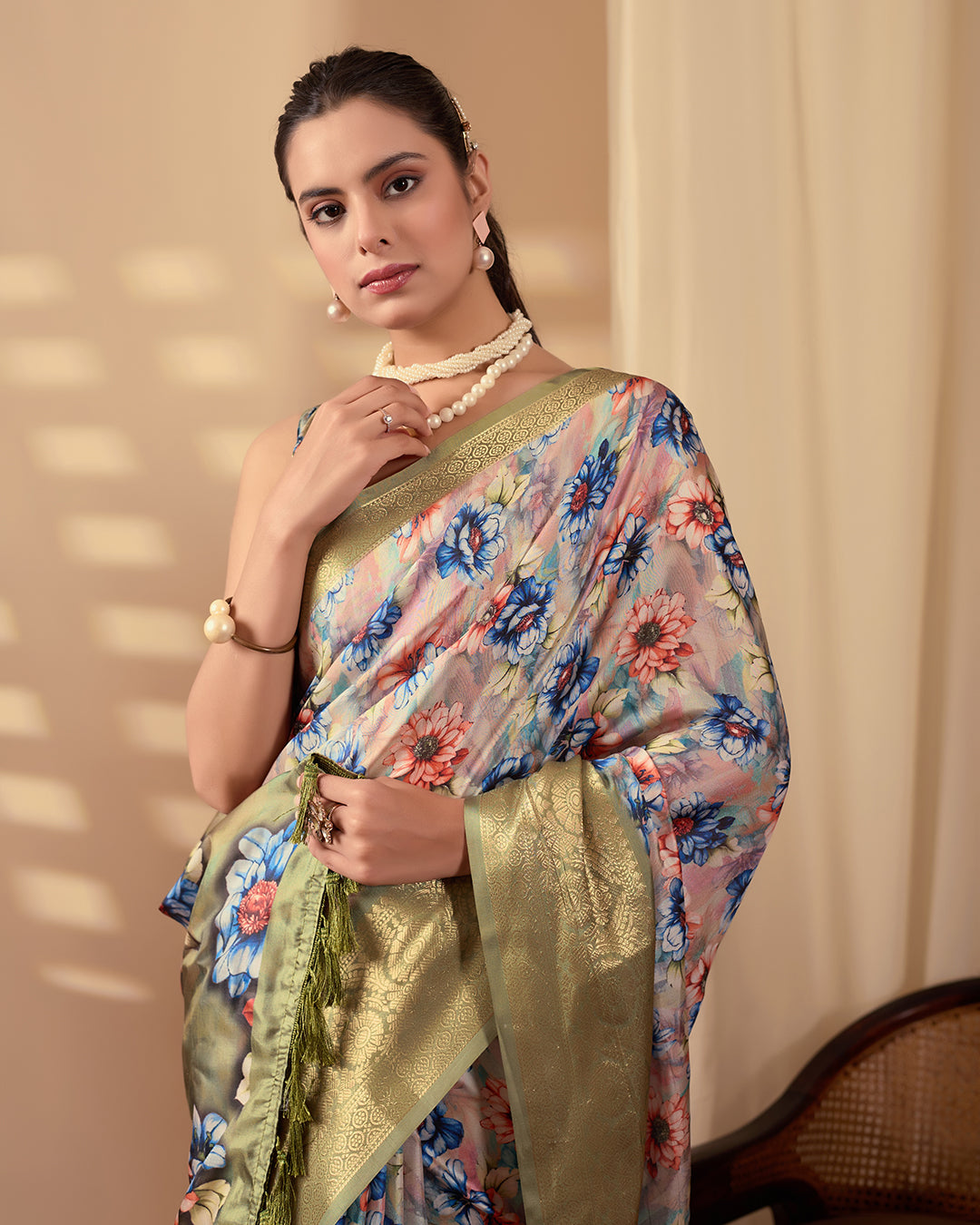 Elegant Soft Lichi Silk Saree adorned with mesmerizing digital floral patterns