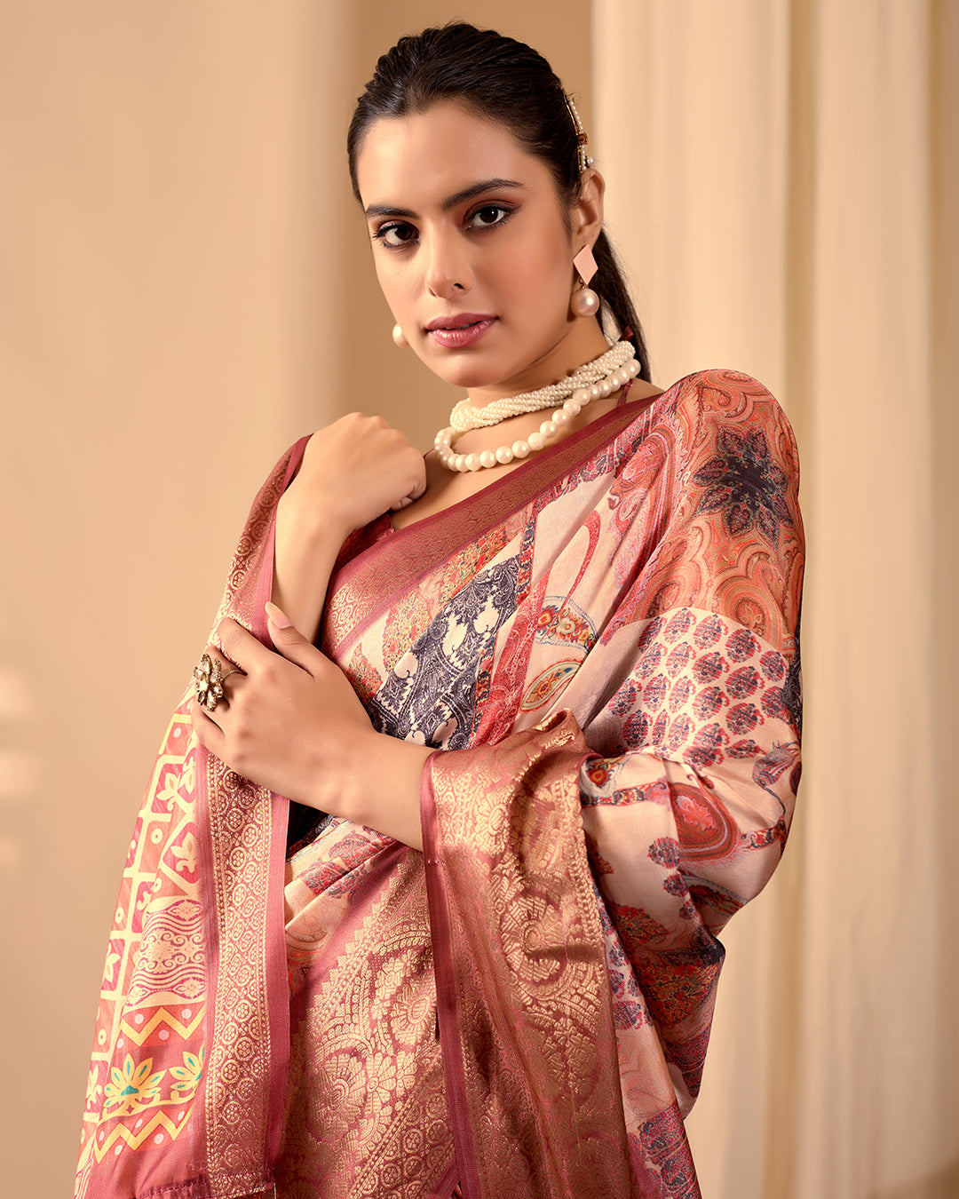 Premium Soft Lichi Silk Saree in an Elegant Peach & Multicolor Shade, beautifully adorned with Traditional and Artistic Digital Prints