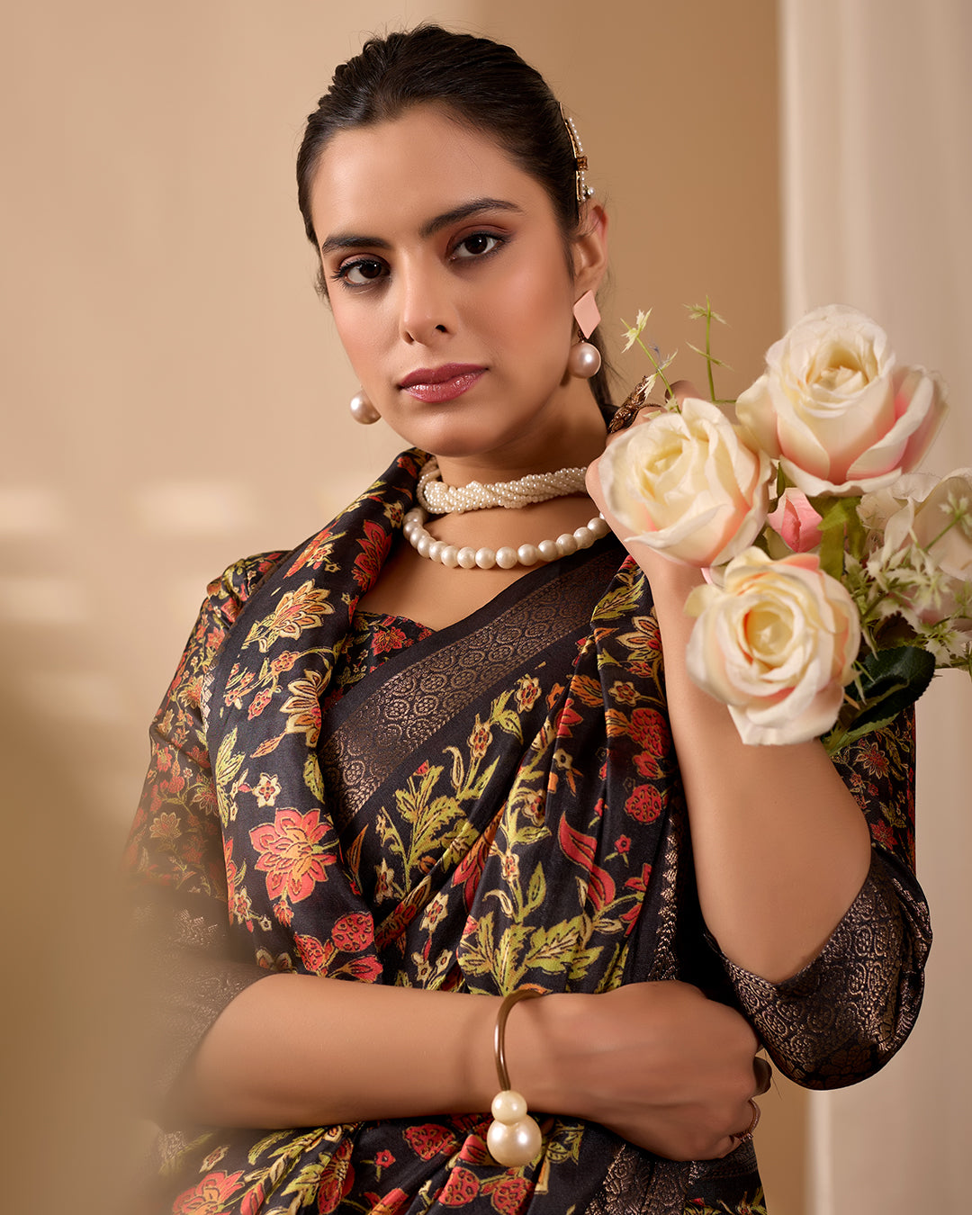 Exquisite Soft Lichi Silk Saree featuring stunning digital floral motifs on a rich black base