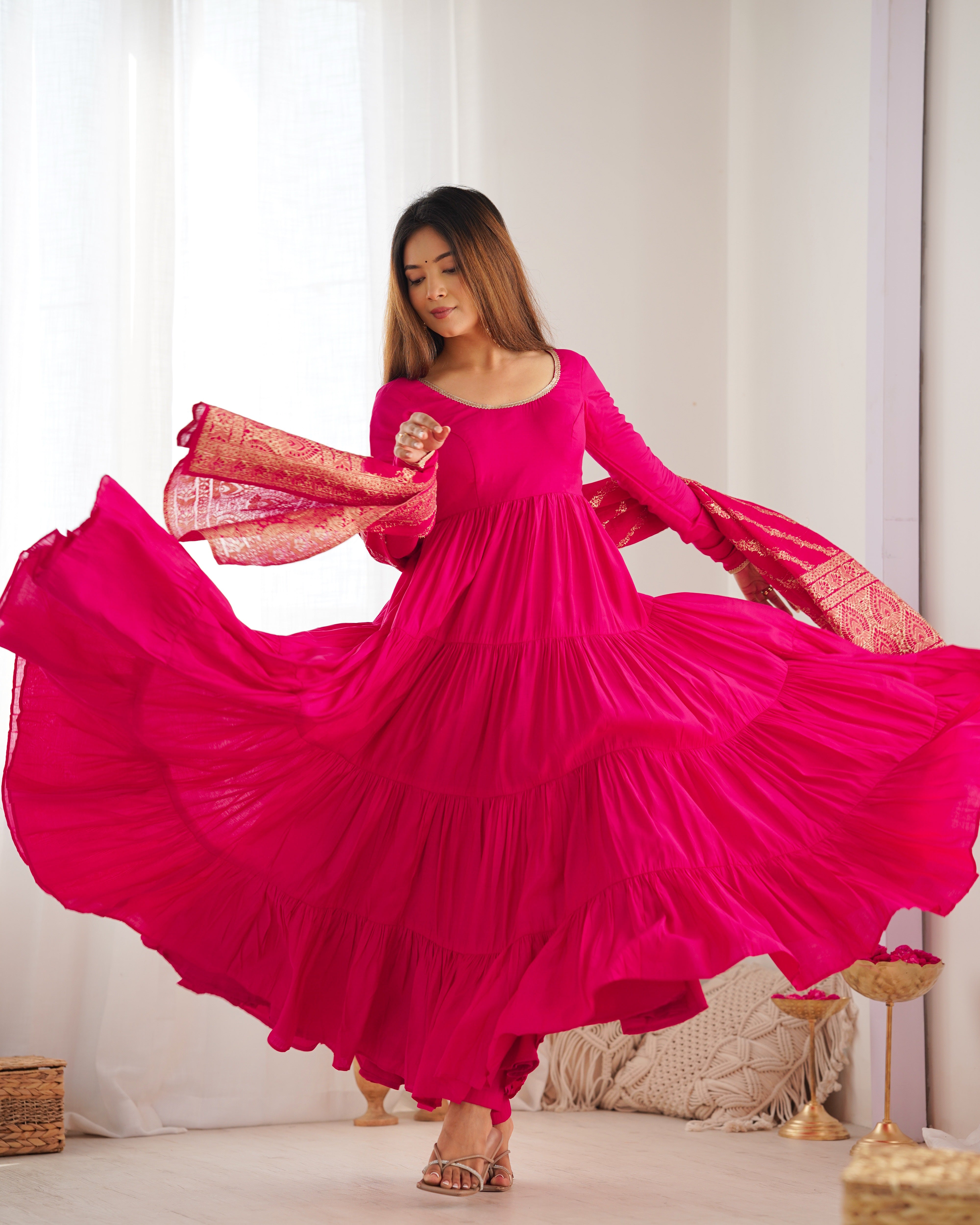 PURE ROMANSILK CHANDERI FABRIC FULLY FLAIR ANARKALI,WITH DUPPTA SET,PENT READY TO WEAR