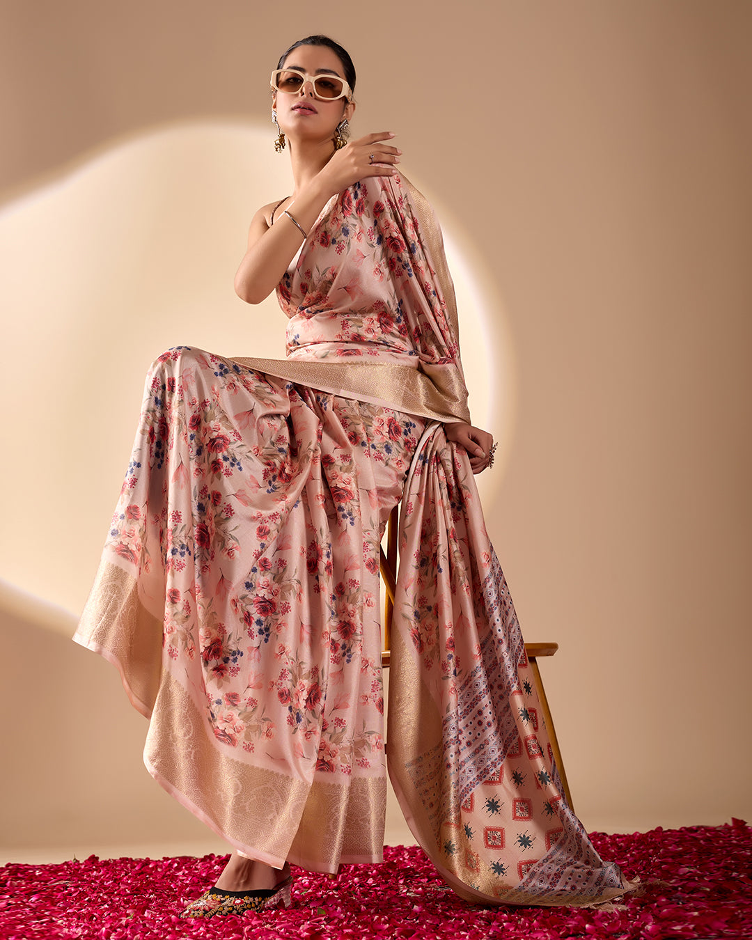 Premium Soft Lichi Silk Saree featuring enchanting floral digital weaving with a rich golden zari border