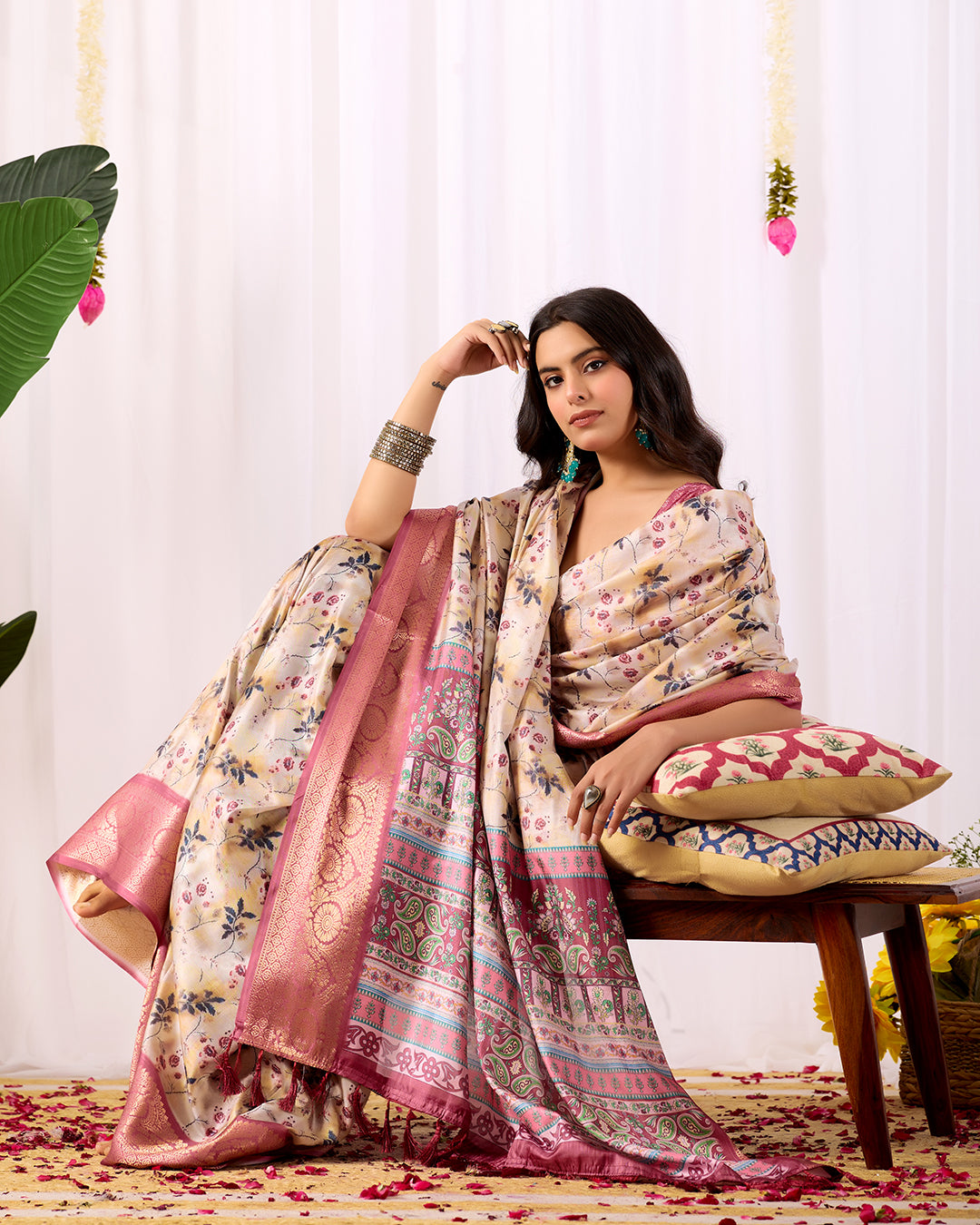 Premium Soft Lichi Silk Saree featuring mesmerizing floral digital prints beautifully enhanced with an elegant contrast zari woven border