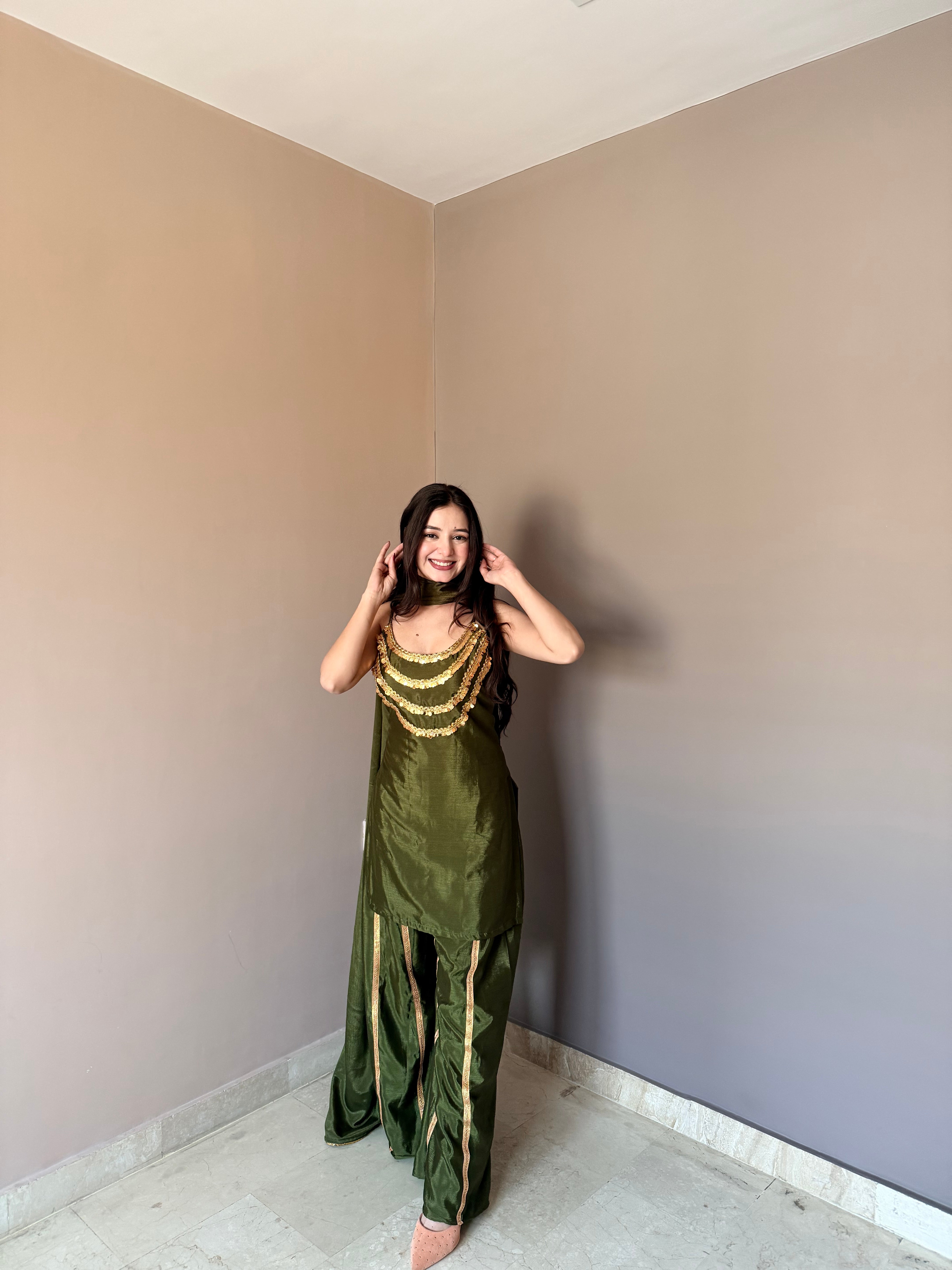 Elegant Embellished Kurta Palazzo Set with Matching Dupatta