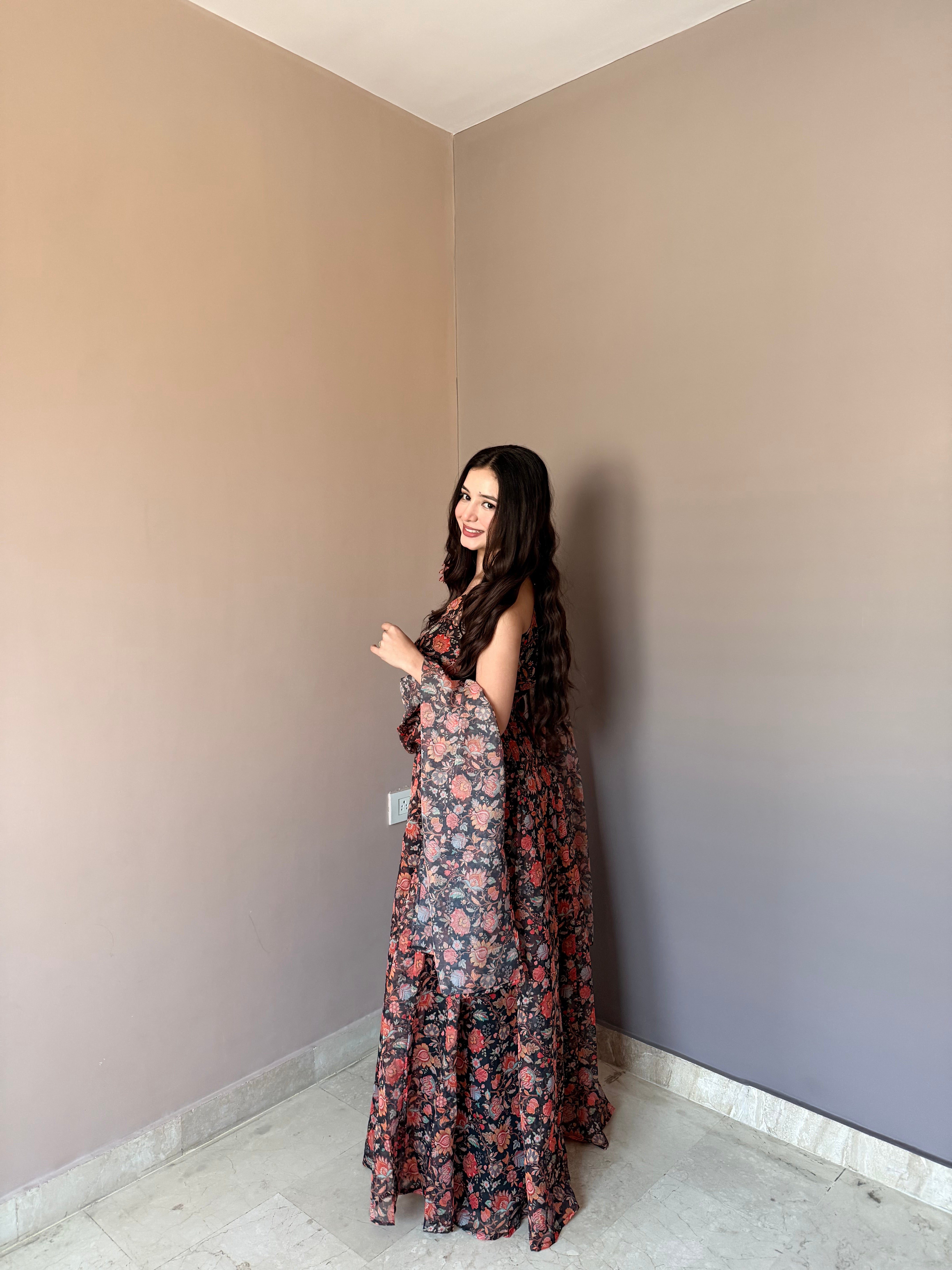 Premium Floral Printed Organza Gown Set with Matching Dupatta