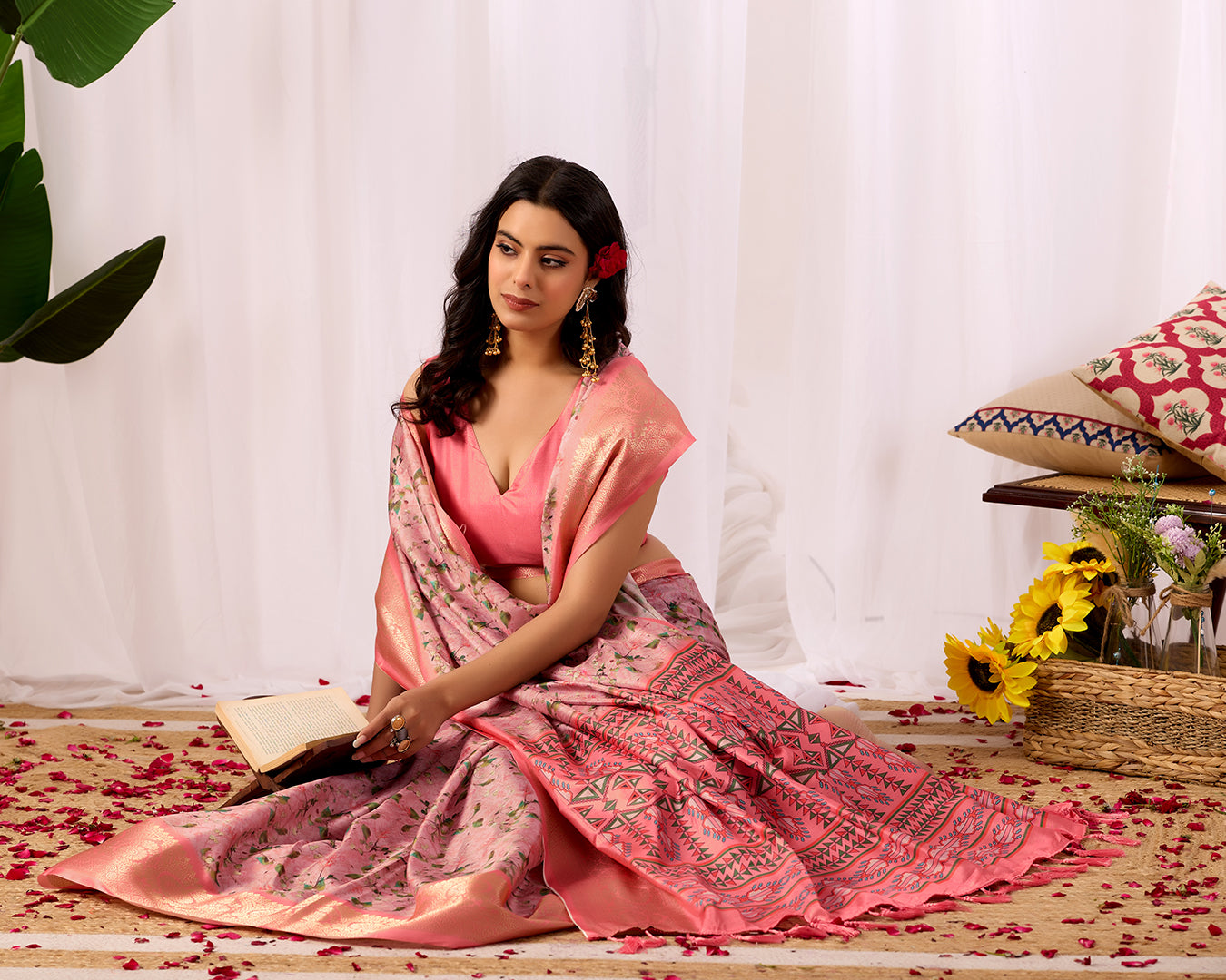 Premium Soft Lichi Silk Saree with a delicate floral print and a rich zari woven border