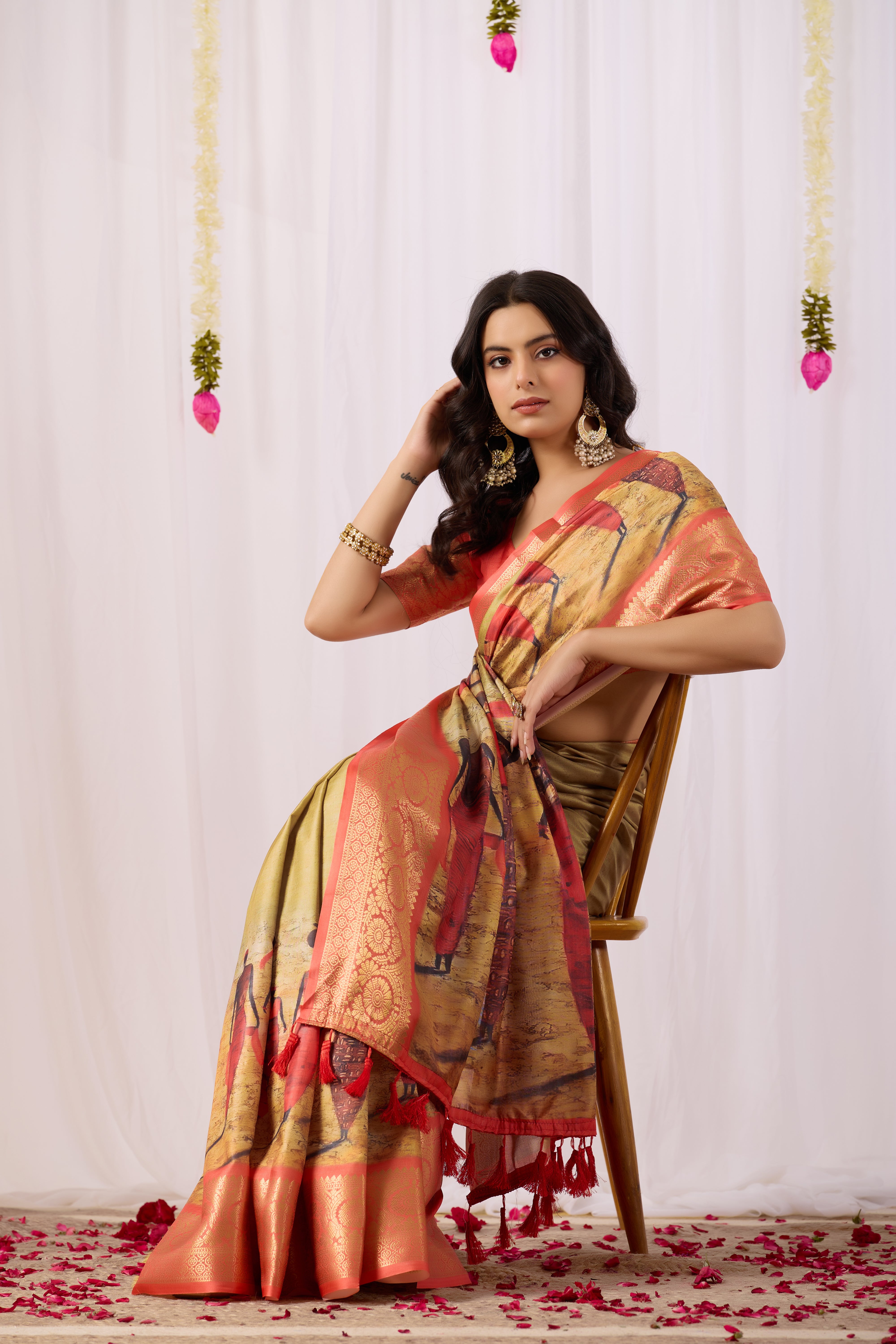 Soft Lichi Silk Saree with Elegant Tribal Art Print and Rich Zari Border