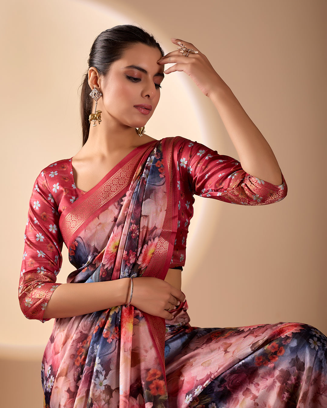 Luxurious Soft Lichi Silk Saree in Deep Wine Rose Shade featuring enchanting floral digital prints and complemented by a rich woven zari border