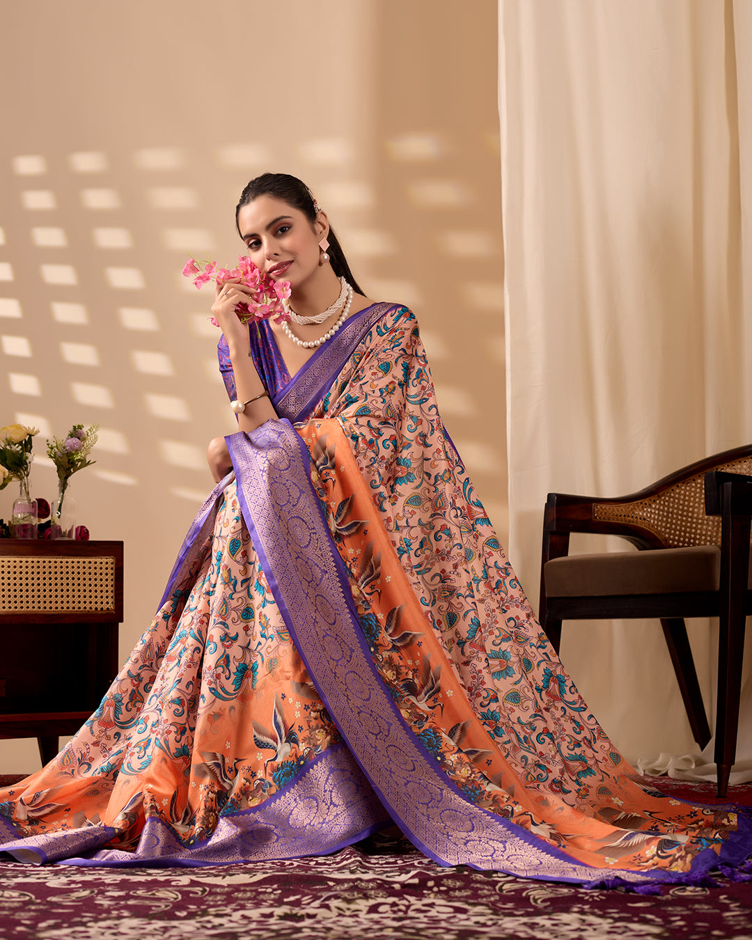 Elegant Soft Lichi Silk Saree featuring exquisite digital ethnic motifs and a royal purple golden zari border
