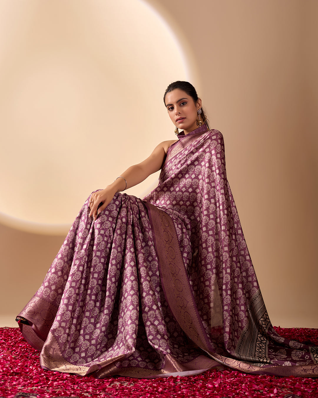 Regal Soft Lichi Silk Saree adorned with intricate digital ethnic weaving motifs and a luxurious golden zari border