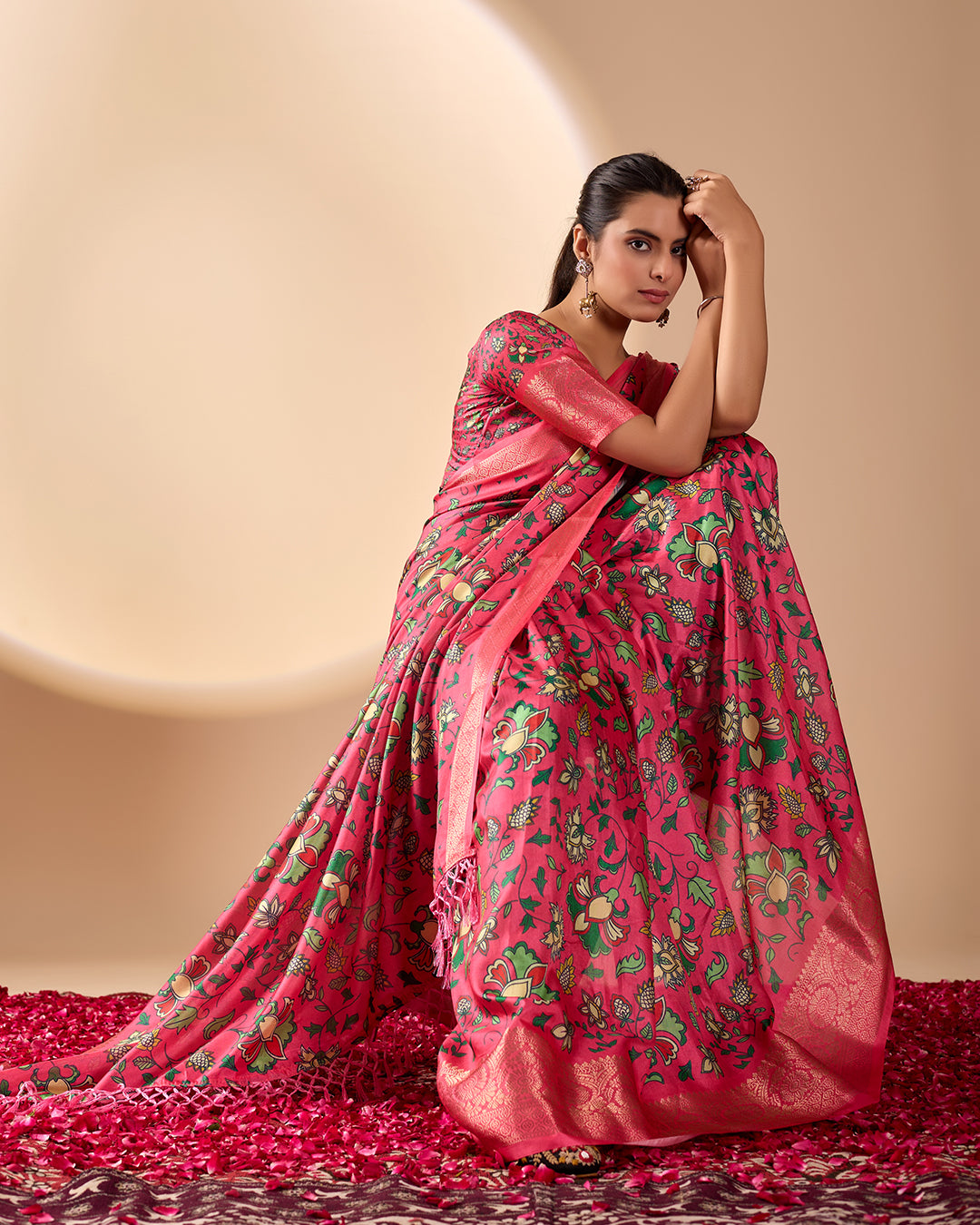 Soft Lichi Silk Saree enriched with vibrant floral digital prints and a beautifully woven zari border