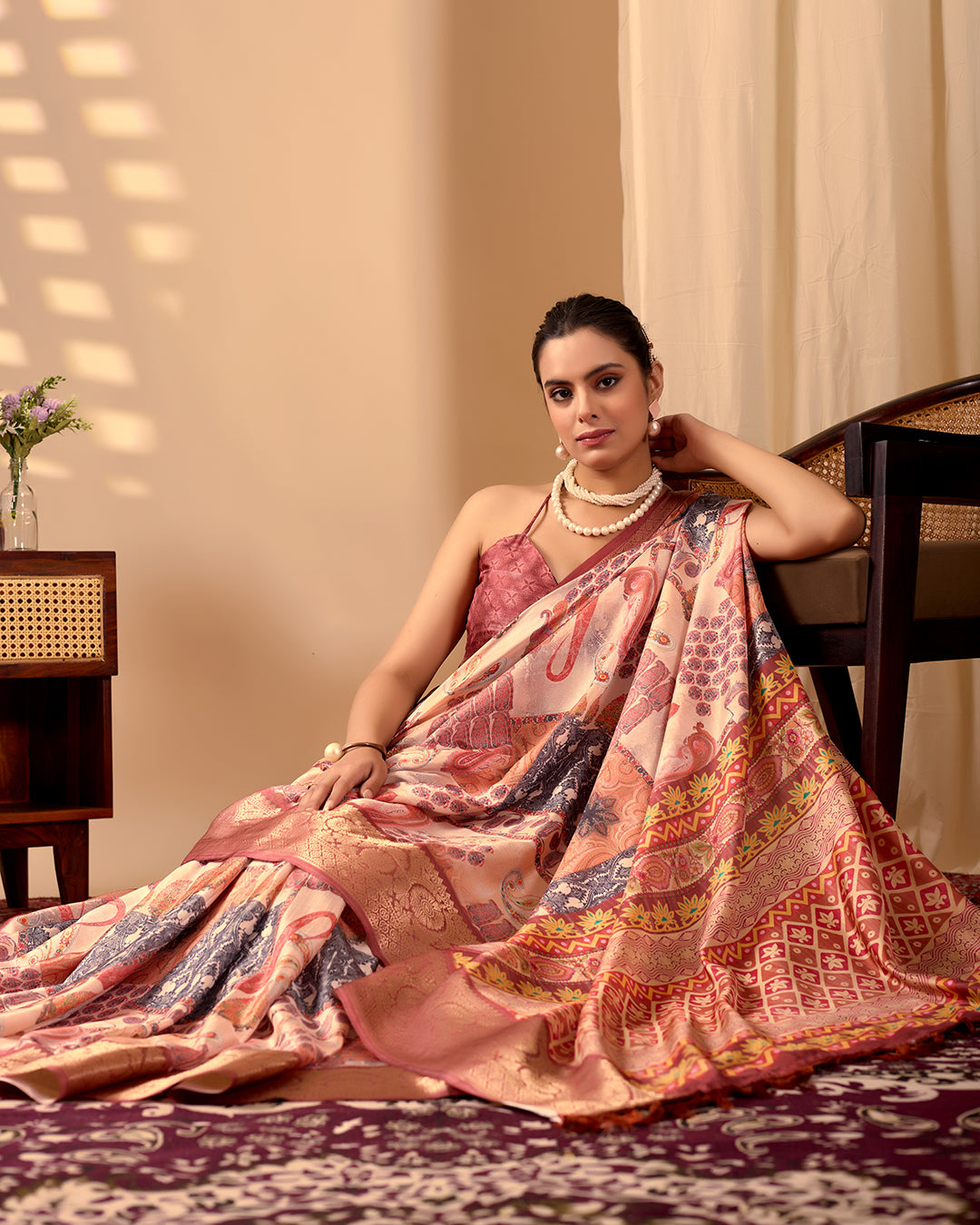 Premium Soft Lichi Silk Saree in an Elegant Peach & Multicolor Shade, beautifully adorned with Traditional and Artistic Digital Prints
