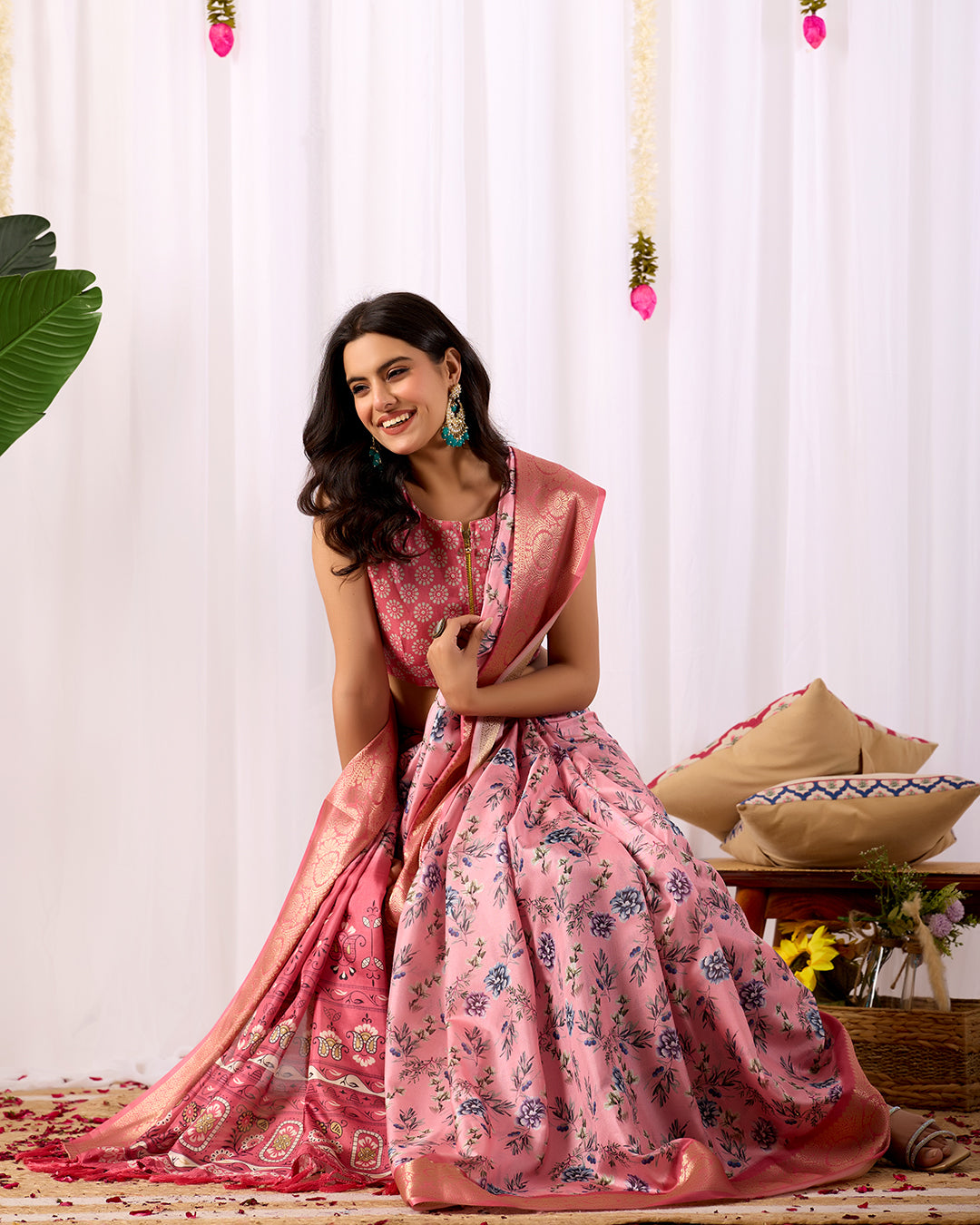 Soft Lichi Silk Saree in Blush Pink Tone, adorned with delicate all-over floral digital prints and complemented by a rich woven zari border