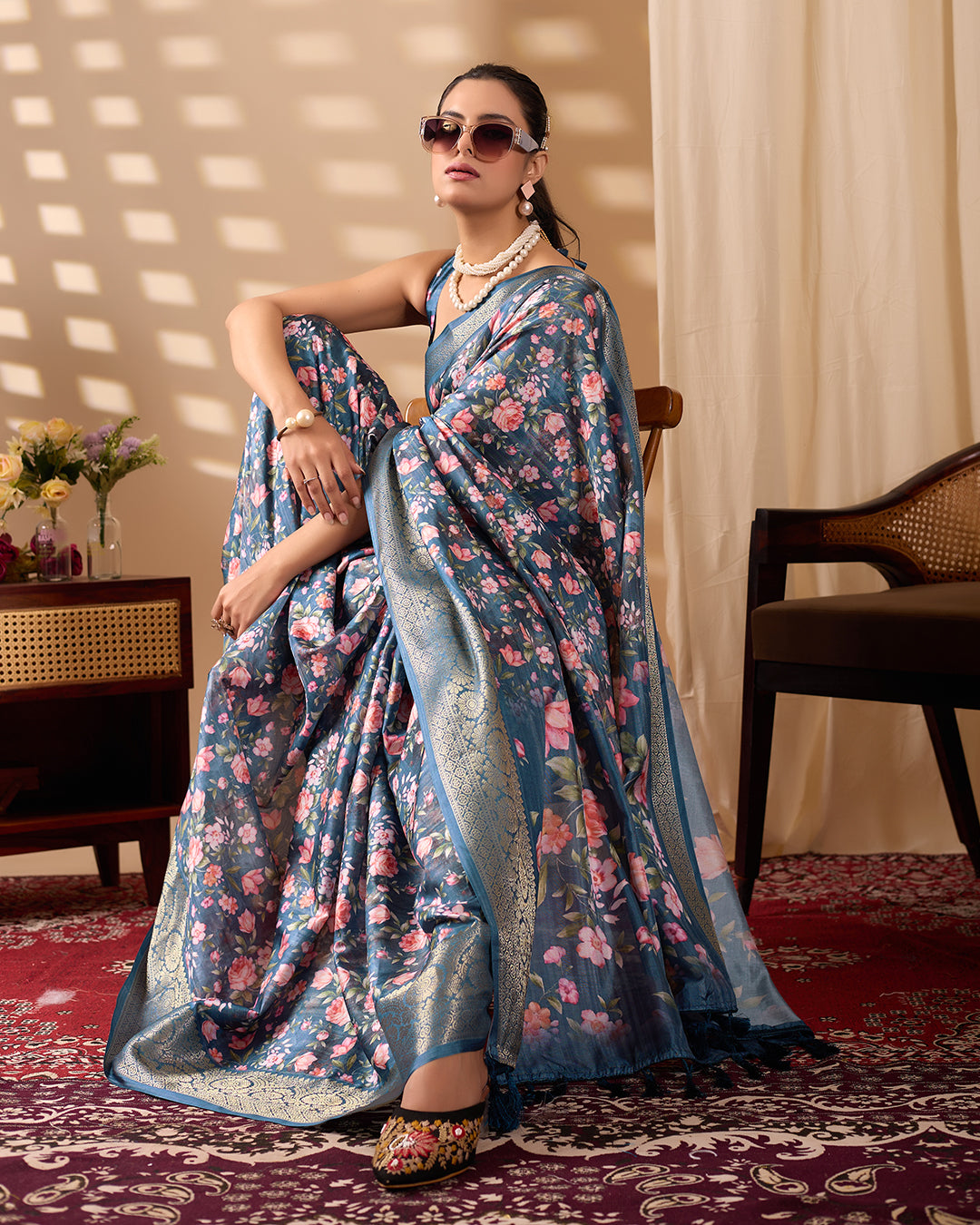 Gorgeous Soft Lichi Silk Saree in Deep Teal Blue, adorned with Romantic Rose Floral Digital Prints