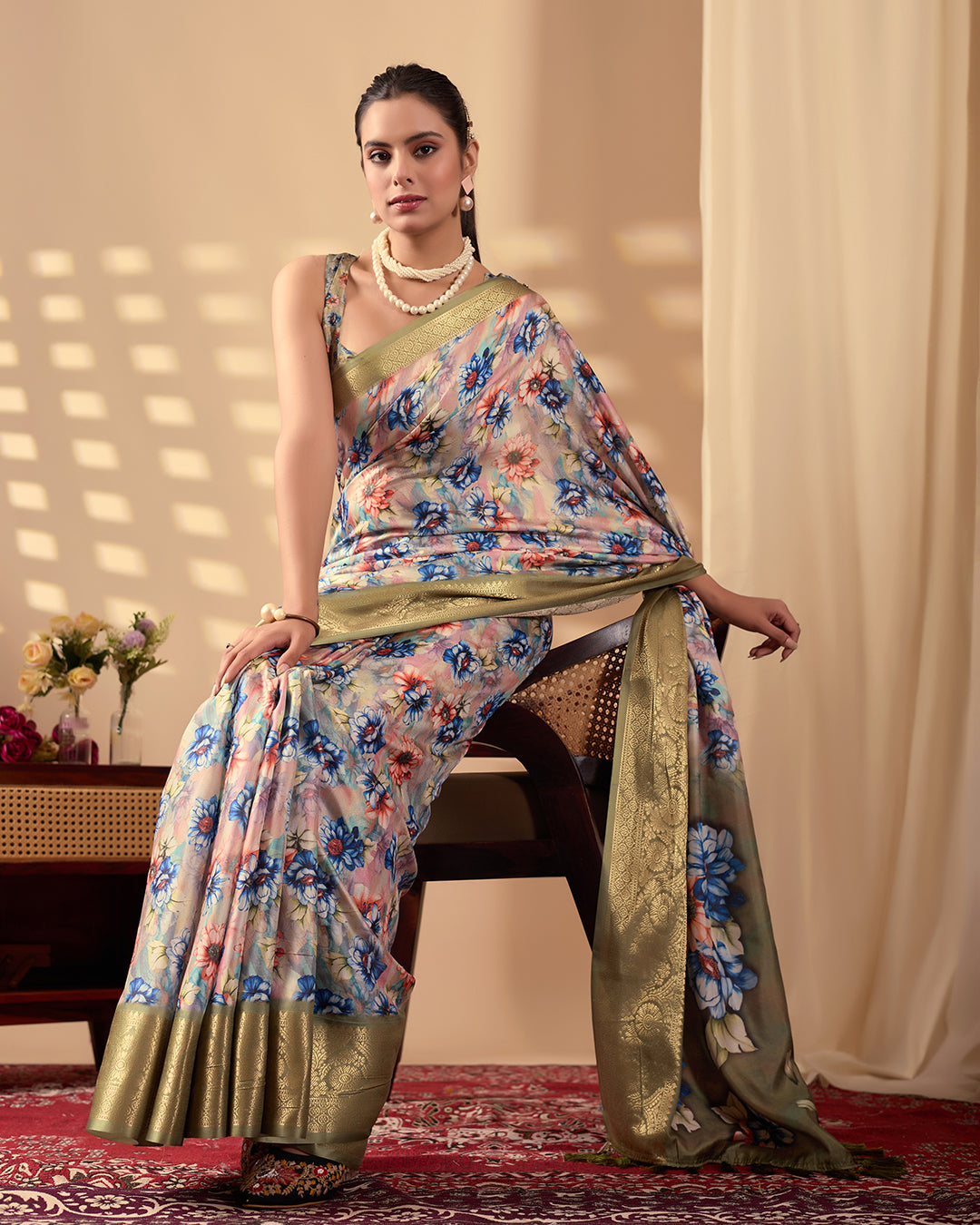 Elegant Soft Lichi Silk Saree adorned with mesmerizing digital floral patterns