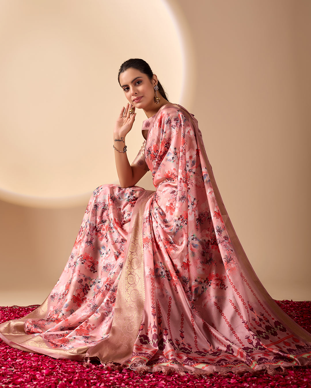 Gorgeous Soft Lichi Silk Saree with enchanting digital floral prints and a rich golden zari border