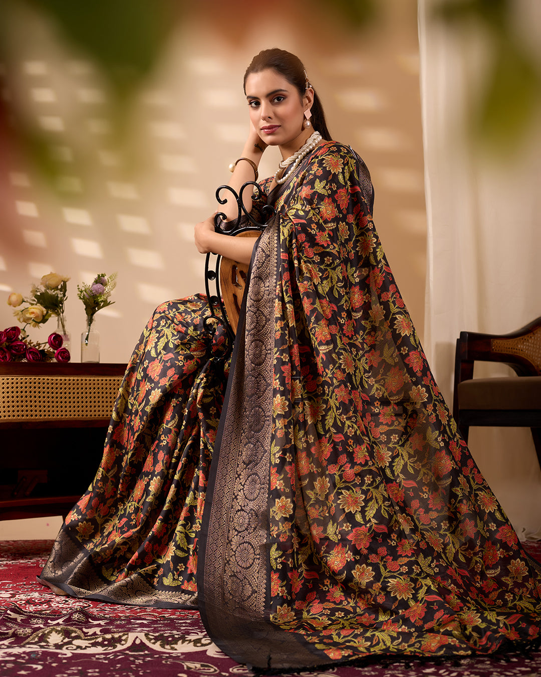 Exquisite Soft Lichi Silk Saree featuring stunning digital floral motifs on a rich black base