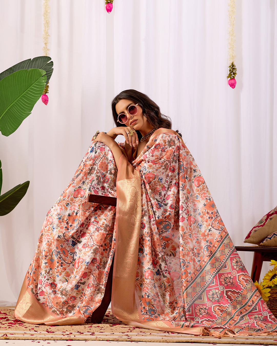 Premium Soft Lichi Silk Saree adorned with intricate floral digital weaving and luxurious golden zari border