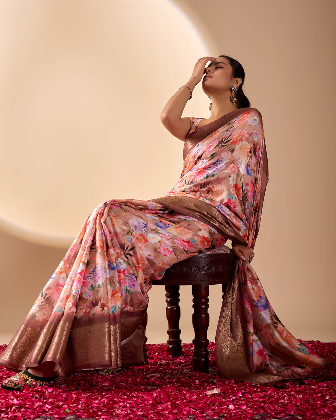Elegant Soft Lichi Silk Saree featuring mesmerizing digital floral patterns and a rich golden zari border